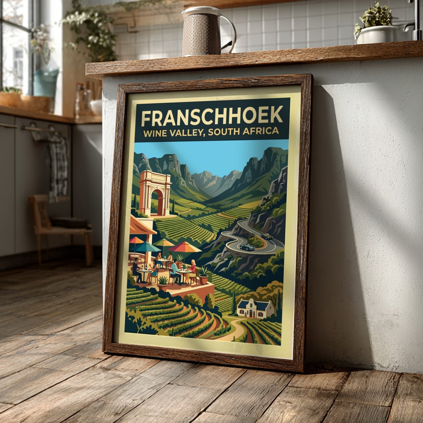 Travel poster of Franschhoek Wine Valley featuring vineyards, mountain peaks, and an architectural arch.