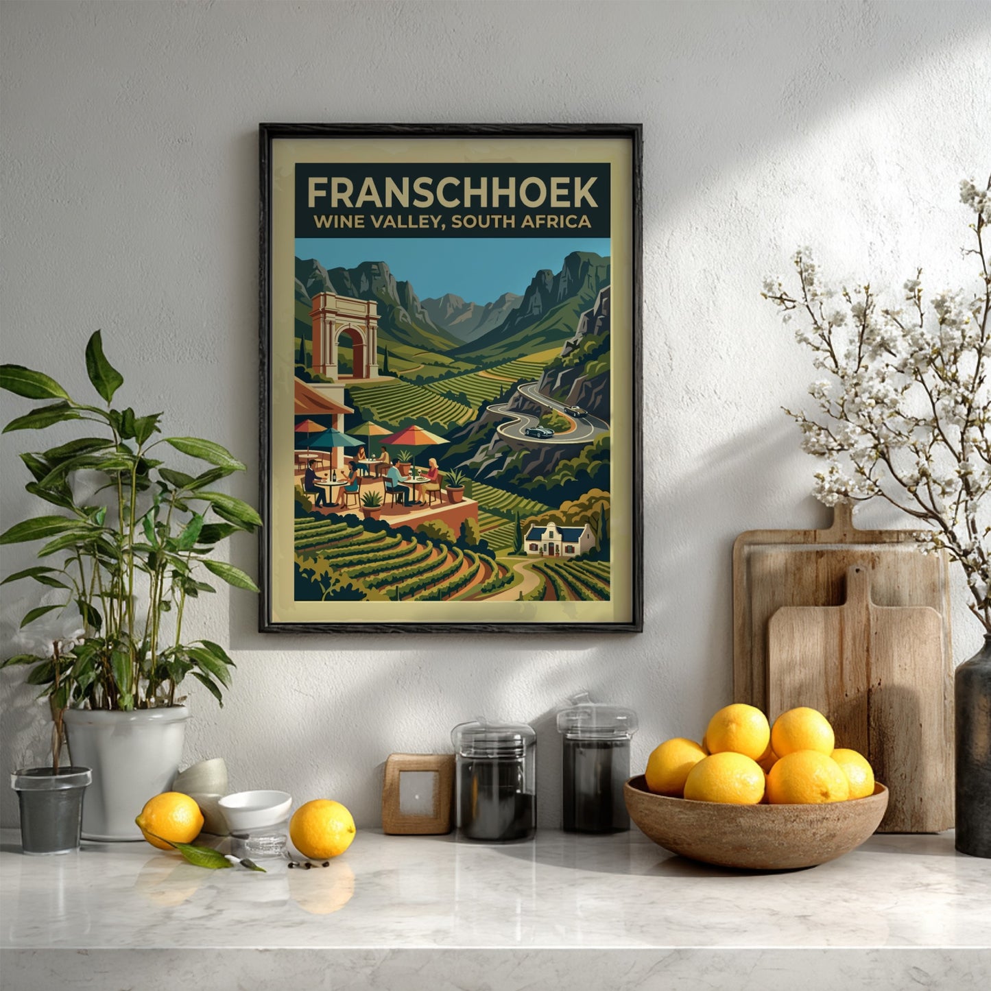 Travel poster of Franschhoek Wine Valley featuring vineyards, mountain peaks, and an architectural arch.
