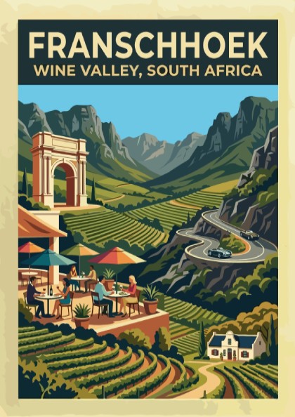 Travel poster of Franschhoek Wine Valley featuring vineyards, mountain peaks, and an architectural arch.