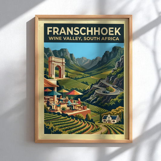 Travel poster of Franschhoek Wine Valley featuring vineyards, mountain peaks, and an architectural arch.