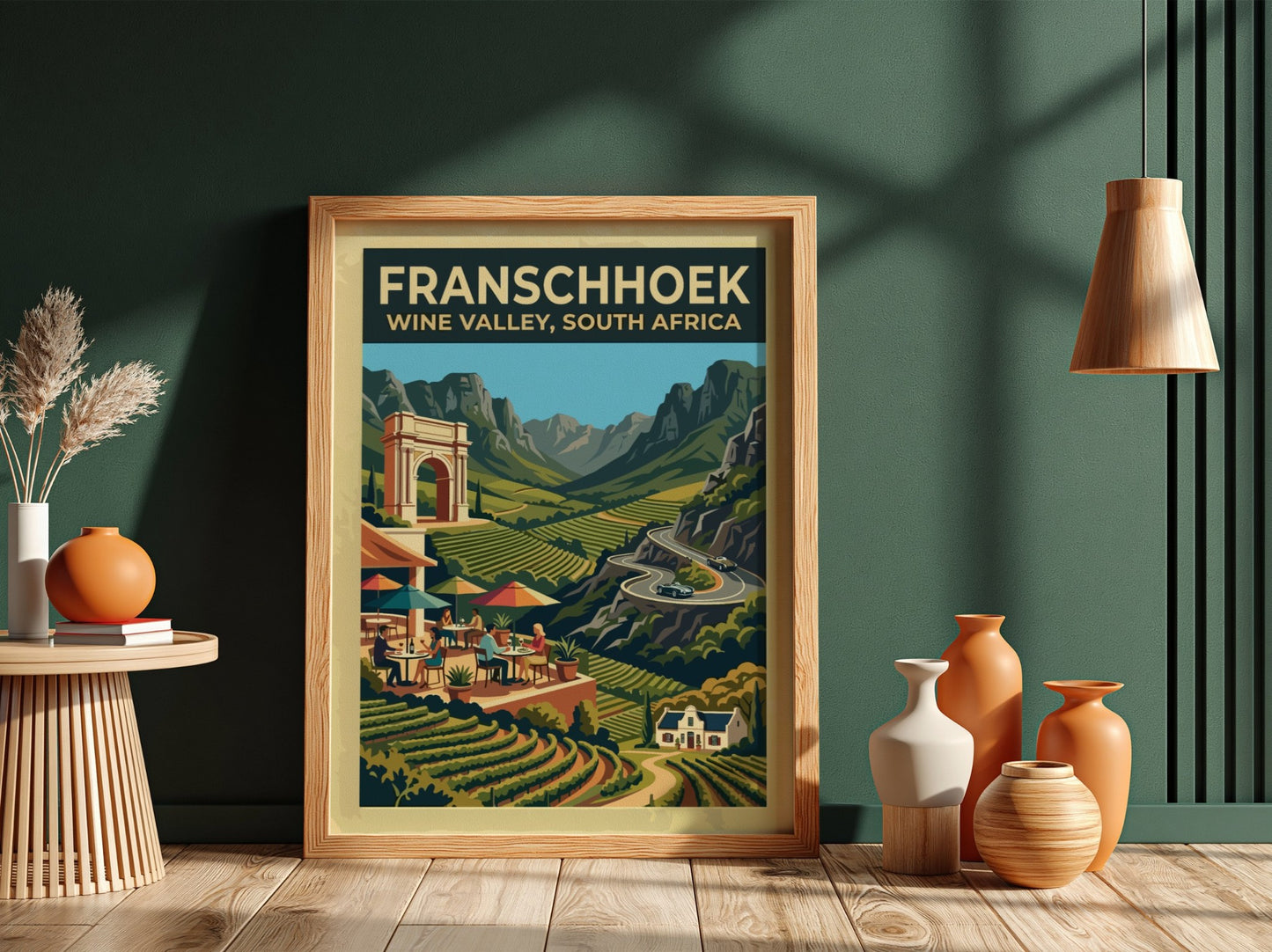 Travel poster of Franschhoek Wine Valley featuring vineyards, mountain peaks, and an architectural arch.