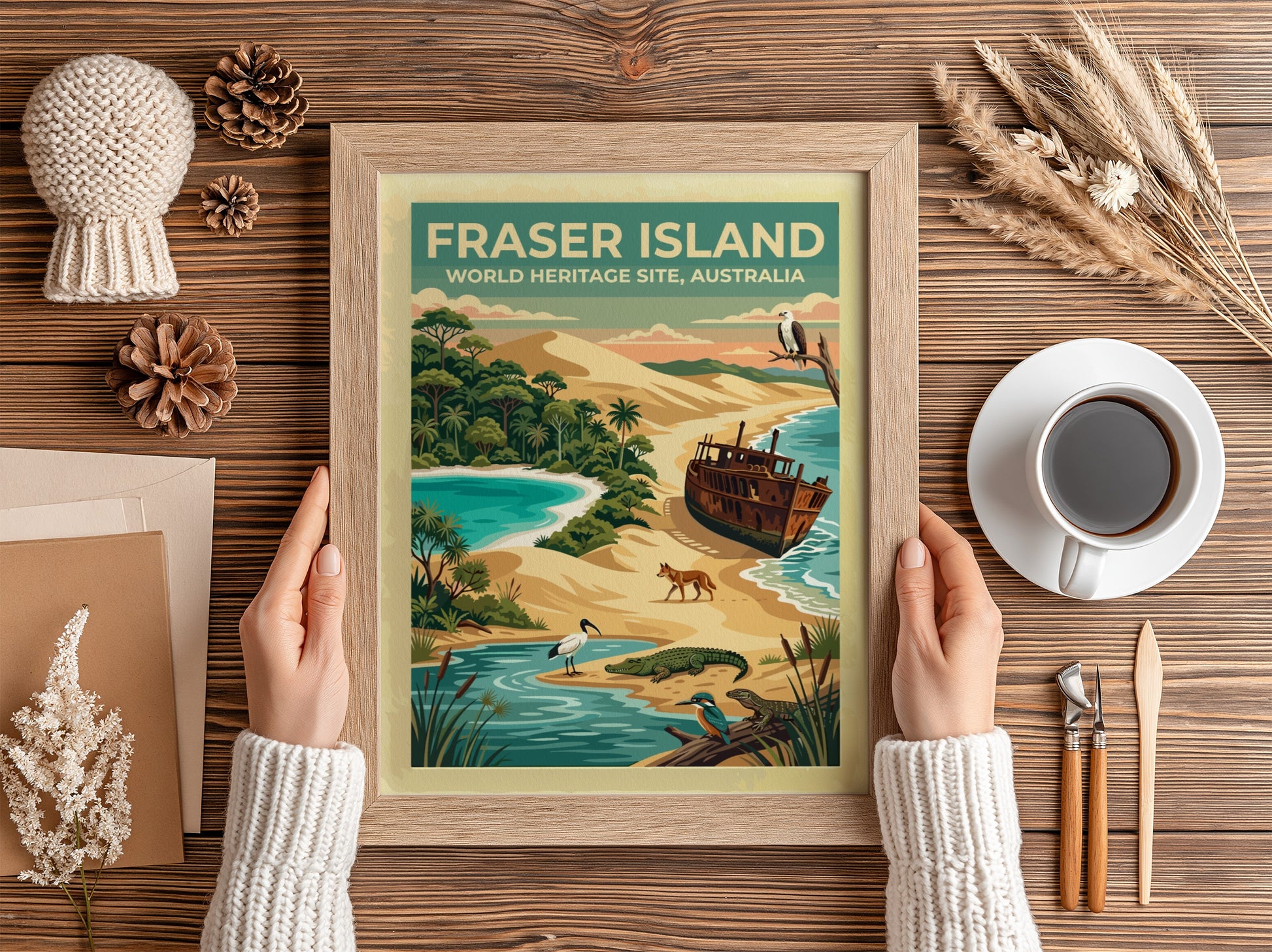 Australia travel poster featuring Fraser Island with sand dunes, shipwrecks, and native wildlife.