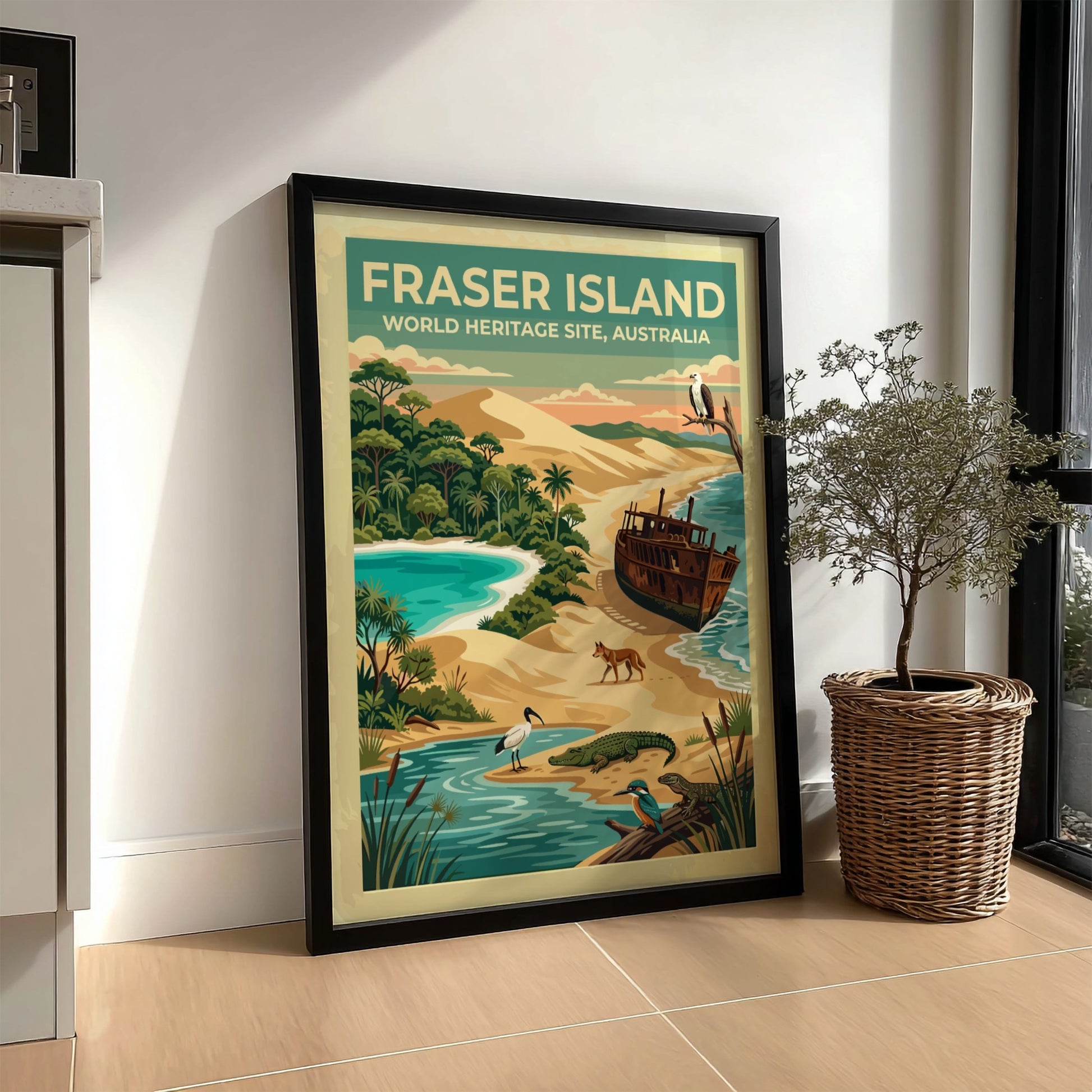 Australia travel poster featuring Fraser Island with sand dunes, shipwrecks, and native wildlife.
