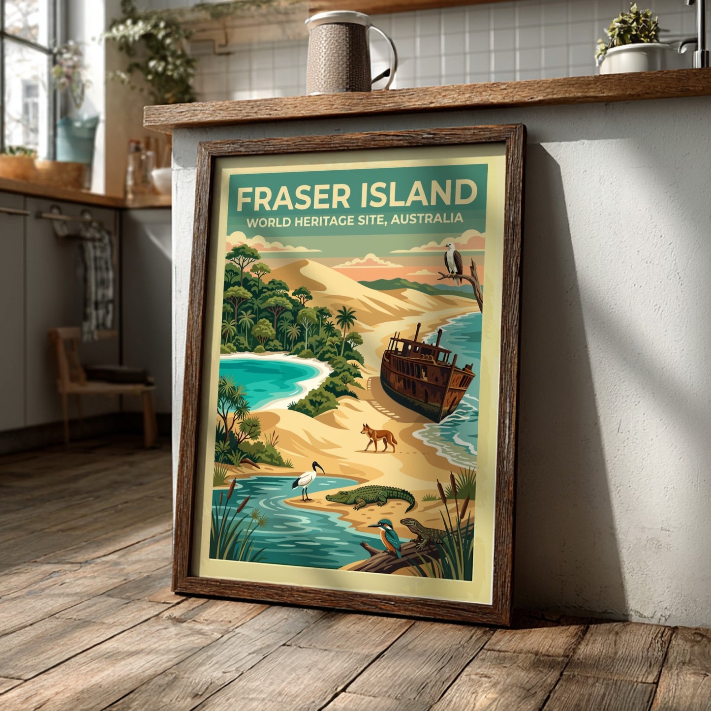 Australia travel poster featuring Fraser Island with sand dunes, shipwrecks, and native wildlife.