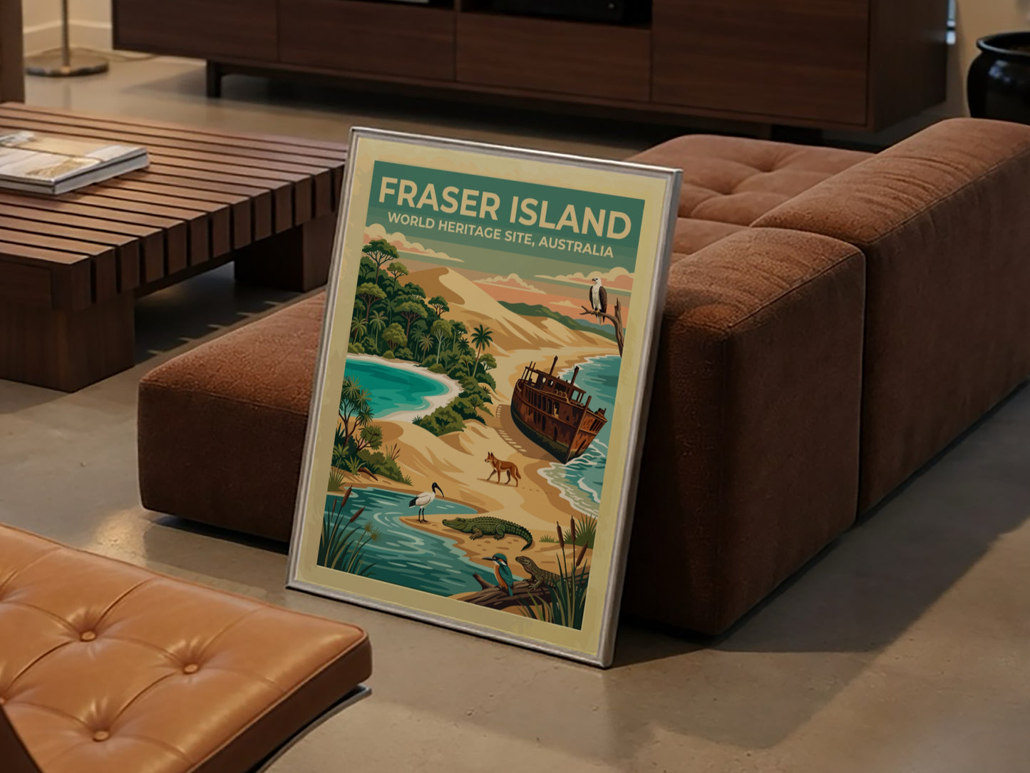 Australia travel poster featuring Fraser Island with sand dunes, shipwrecks, and native wildlife.