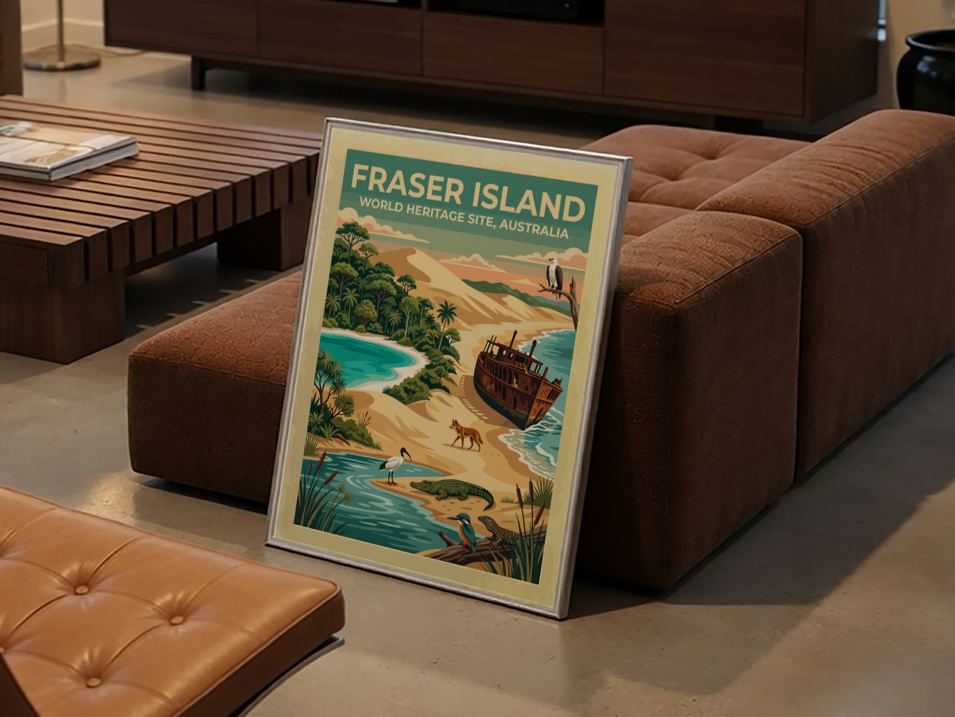 Australia travel poster featuring Fraser Island with sand dunes, shipwrecks, and native wildlife.