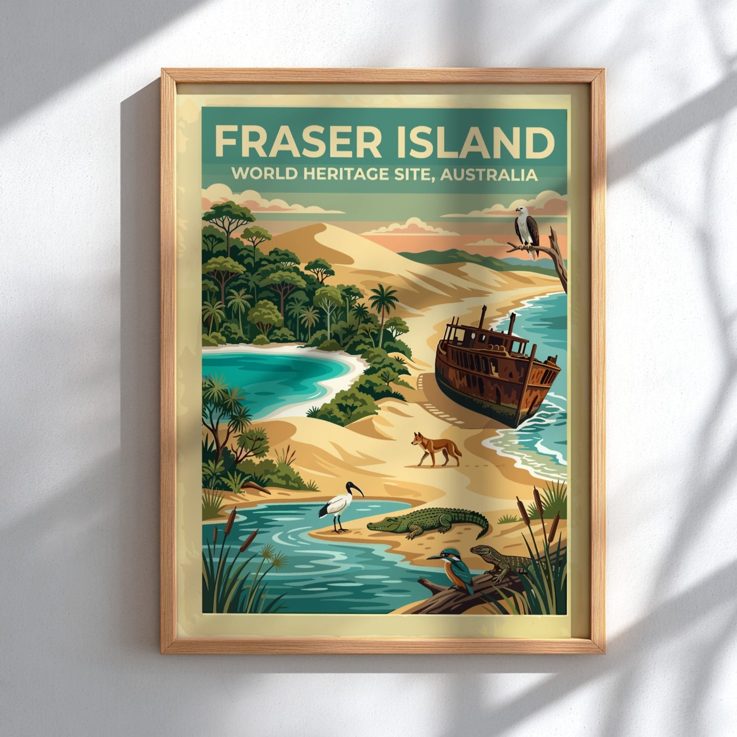 Australia travel poster featuring Fraser Island with sand dunes, shipwrecks, and native wildlife.