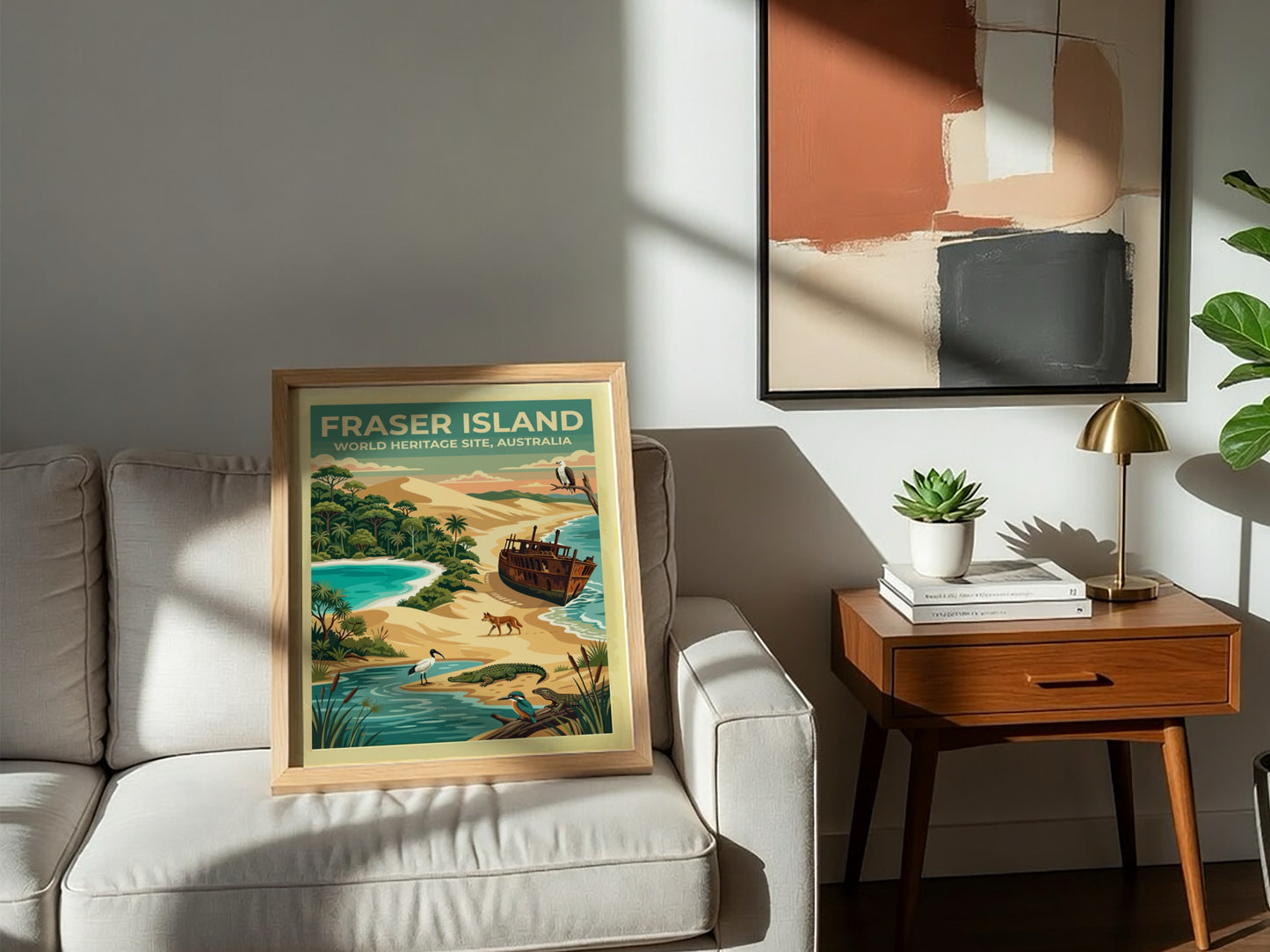 Australia travel poster featuring Fraser Island with sand dunes, shipwrecks, and native wildlife.