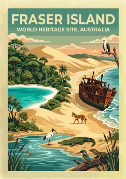 Australia travel poster featuring Fraser Island with sand dunes, shipwrecks, and native wildlife.