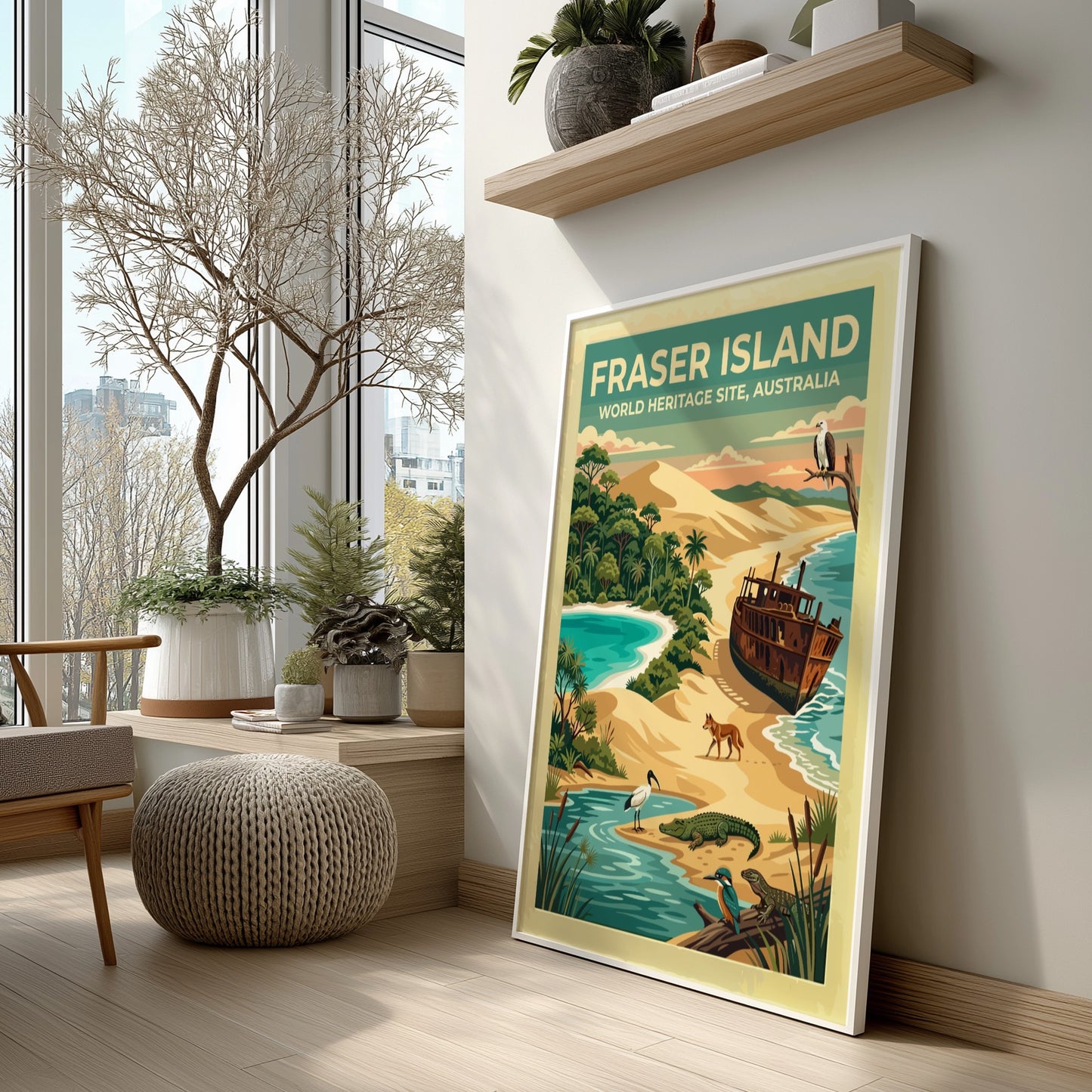 Australia travel poster featuring Fraser Island with sand dunes, shipwrecks, and native wildlife.