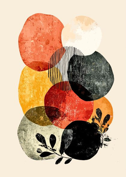 Abstract art with colorful circles and minimalistic design on a beige background