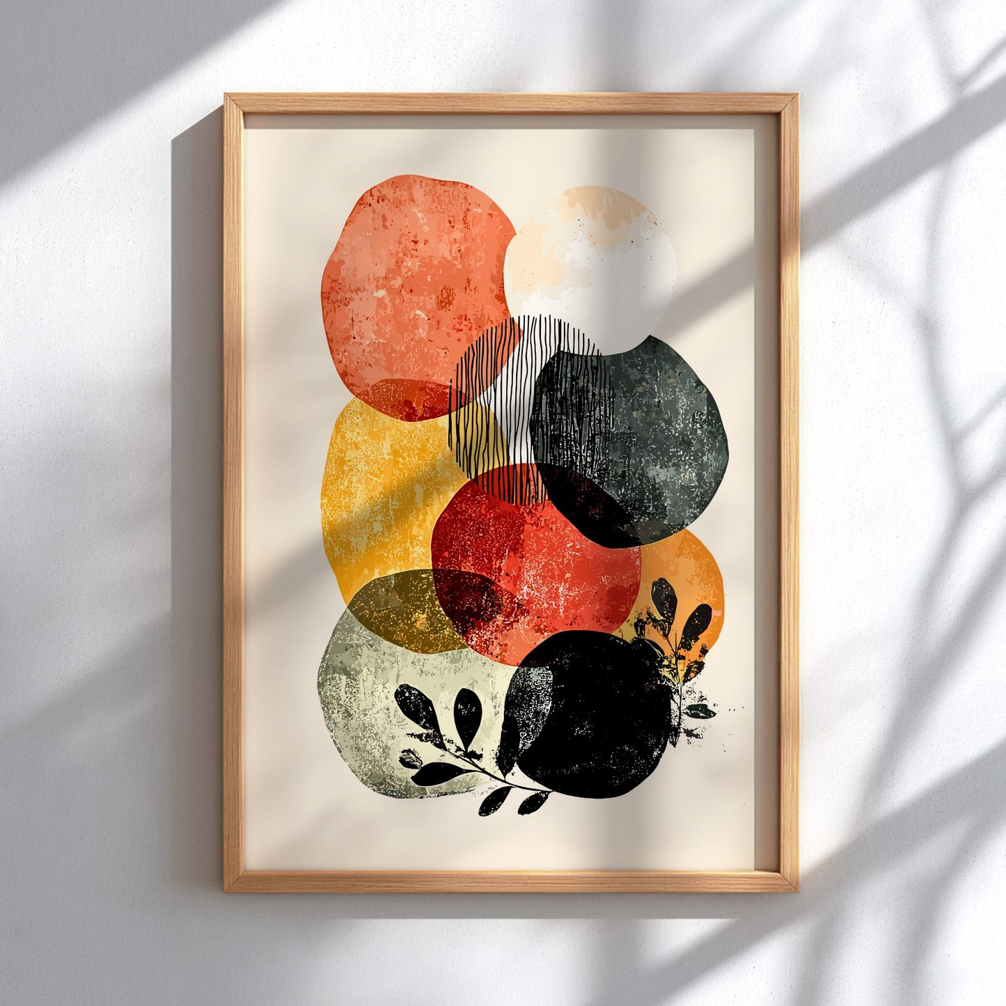 Framed abstract art print with colorful circles on a white wall