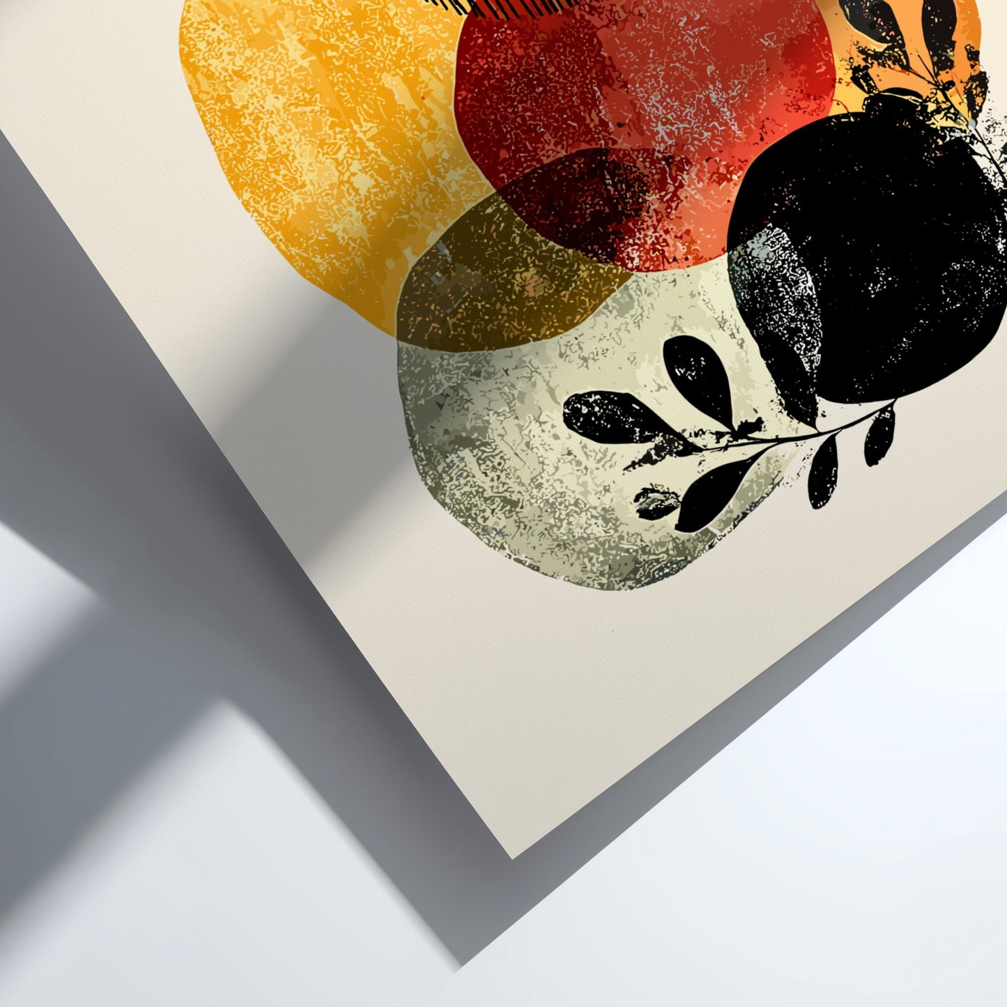 Abstract art print with circular shapes in yellow, red, and black on a beige background