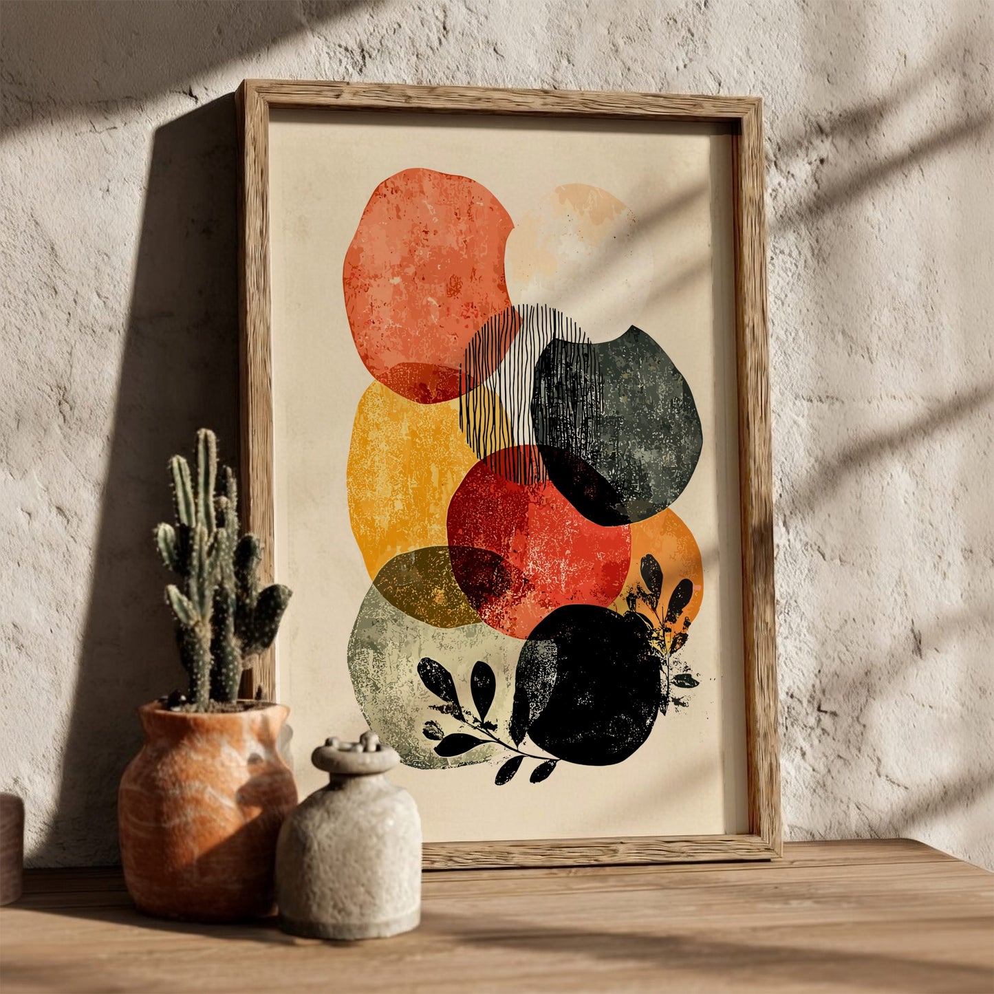 Framed abstract art print with colorful circles on a textured wall with decorative vases.