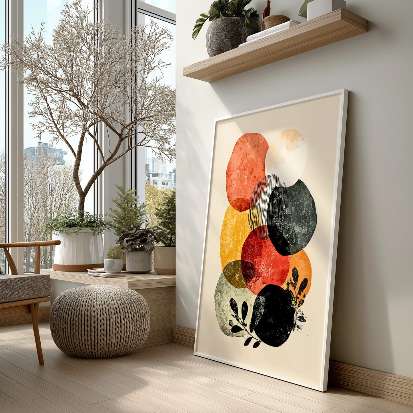 Modern interior with a colorful abstract painting on a wall, natural light, and indoor plants.