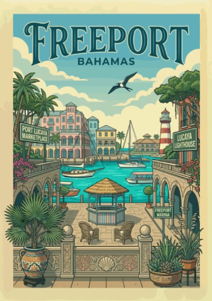 Freeport Bahamas travel poster with a vintage illustration of a harbor, sailboats, and lighthouse.