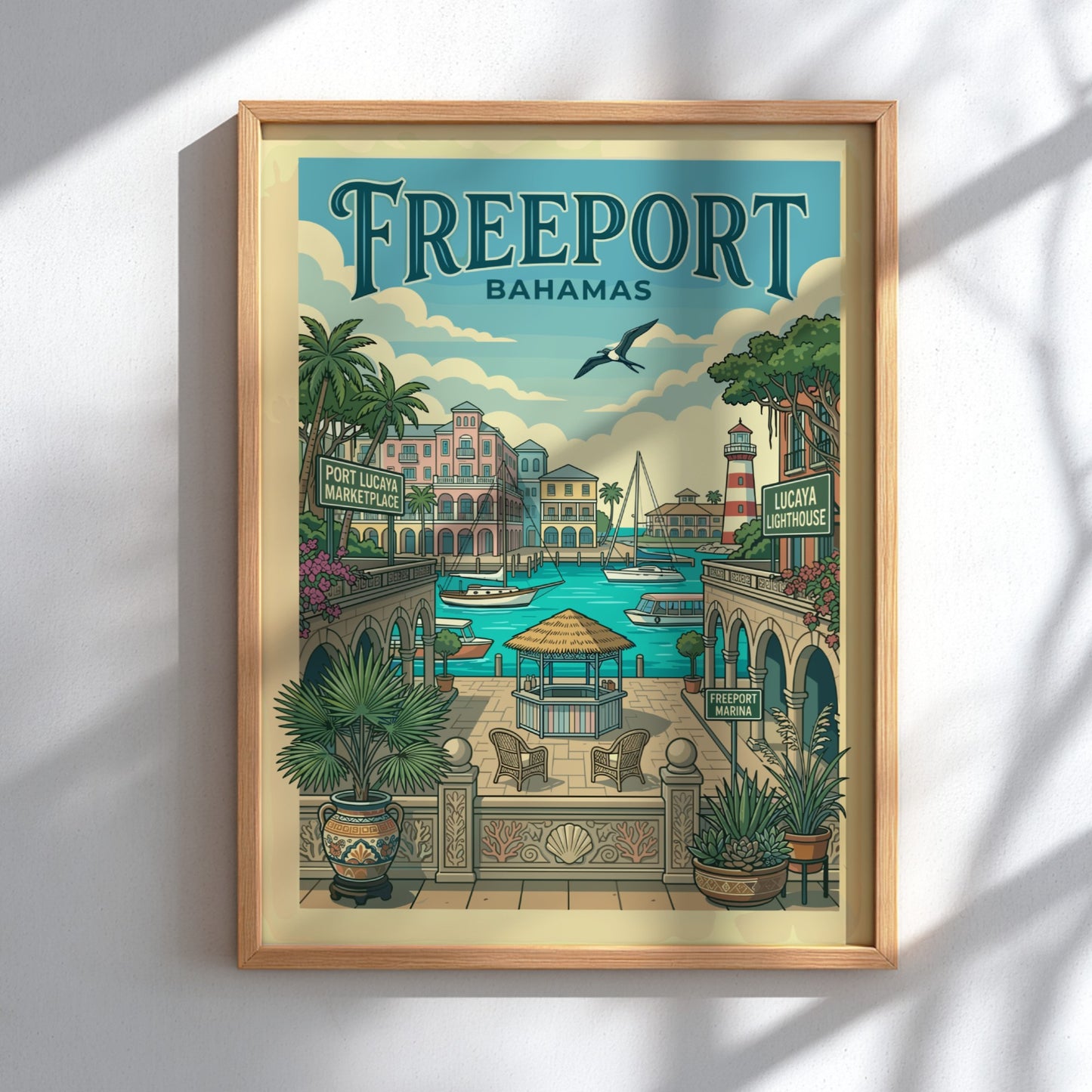 Freeport Bahamas travel poster with a vintage illustration of a harbor, sailboats, and lighthouse.