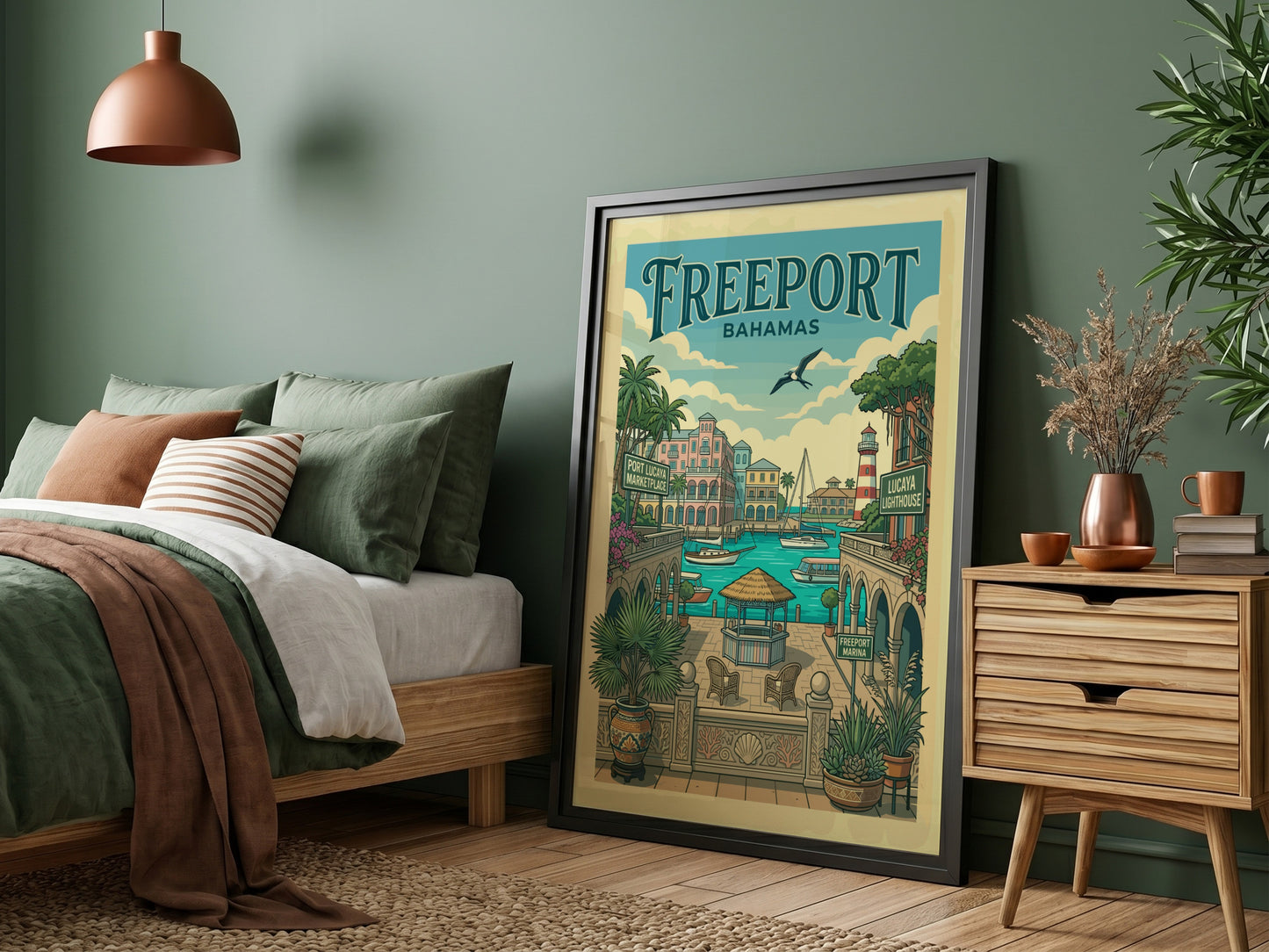 Freeport Bahamas travel poster with a vintage illustration of a harbor, sailboats, and lighthouse.