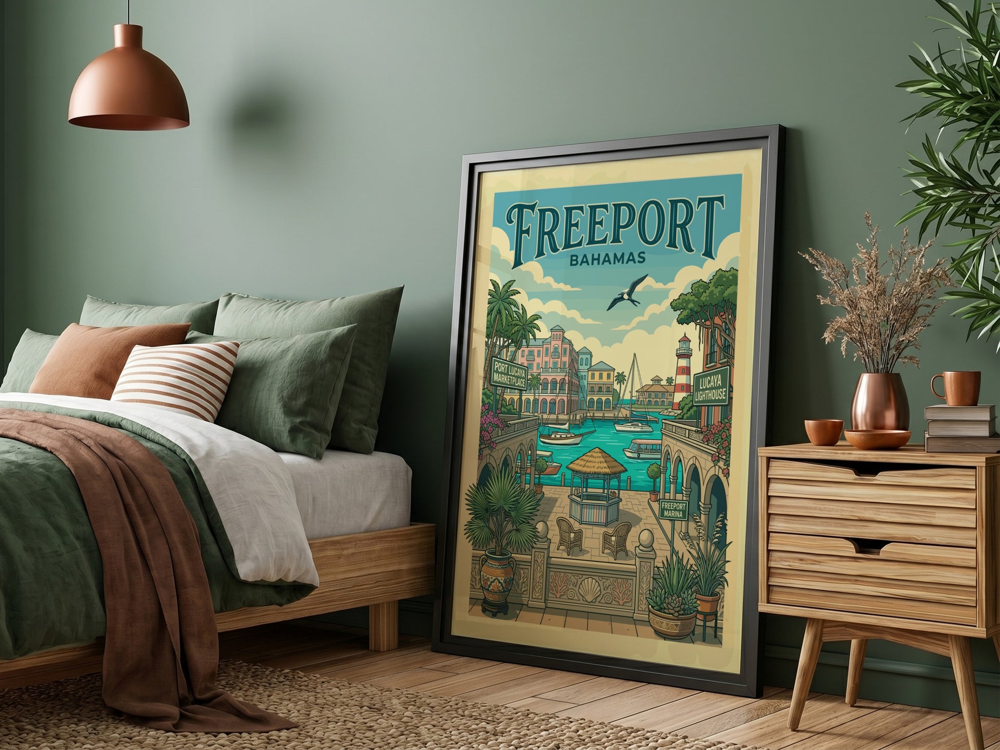 Freeport Bahamas travel poster with a vintage illustration of a harbor, sailboats, and lighthouse.