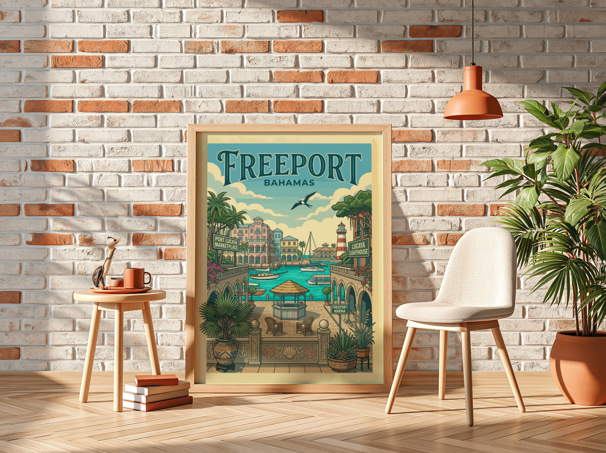 Freeport Bahamas travel poster with a vintage illustration of a harbor, sailboats, and lighthouse.