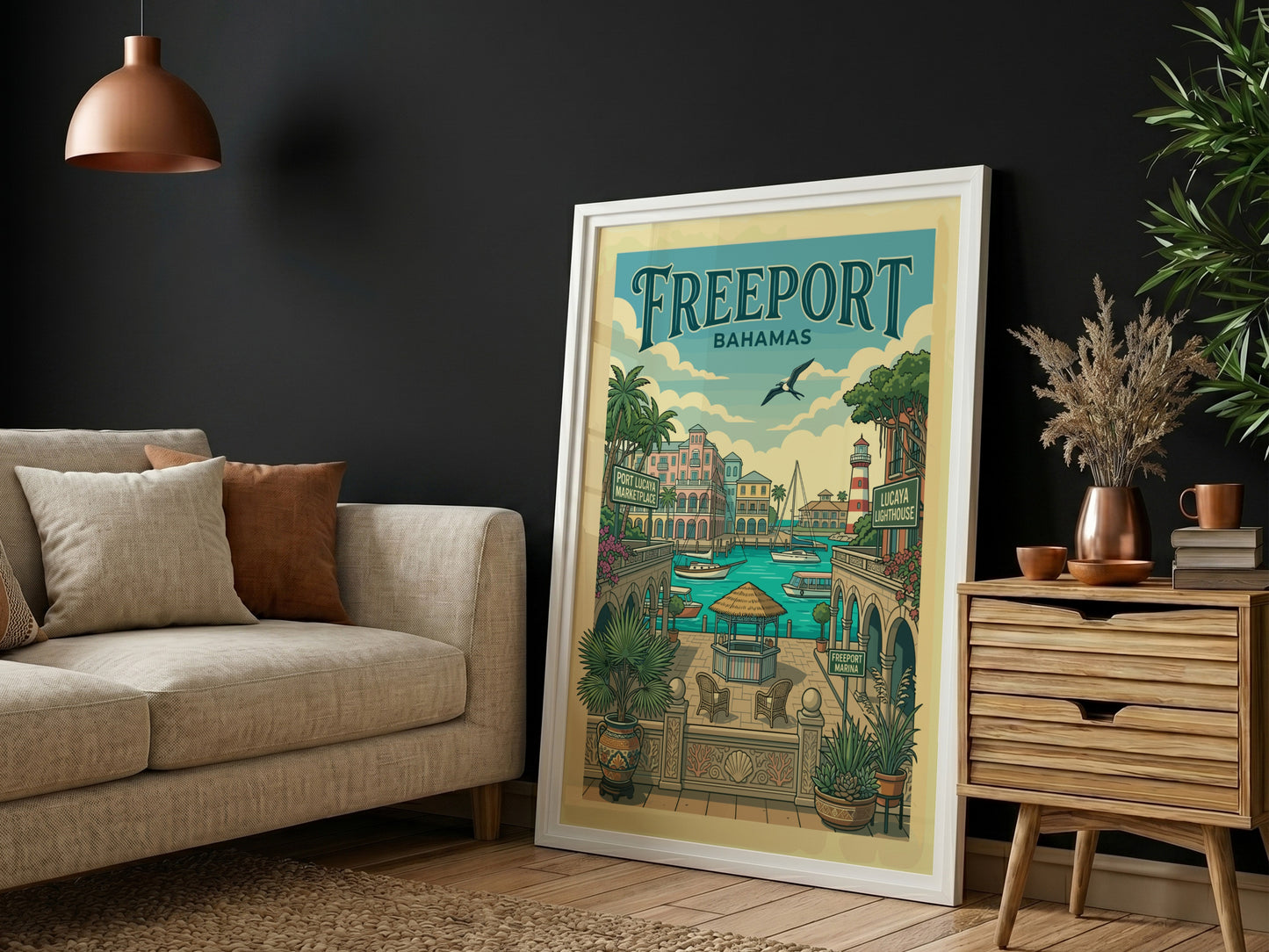 Freeport Bahamas travel poster with a vintage illustration of a harbor, sailboats, and lighthouse.