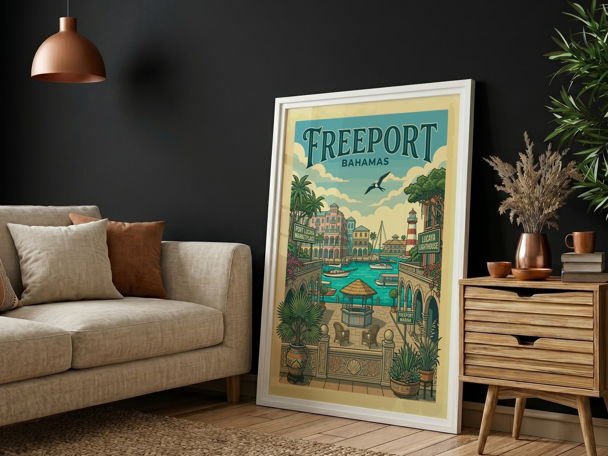Freeport Bahamas travel poster with a vintage illustration of a harbor, sailboats, and lighthouse.