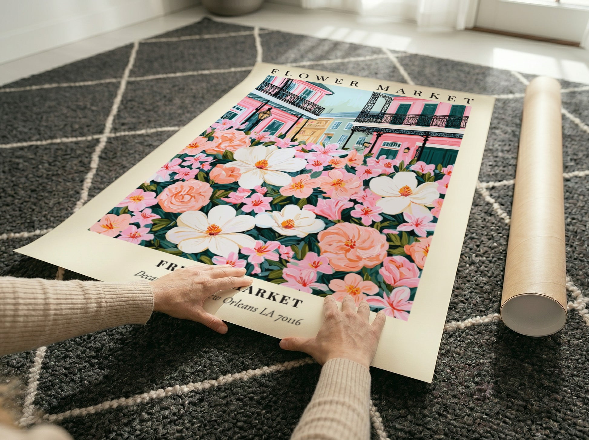 Floral wall decor featuring magnolias and pink flowers in a vibrant style inspired by the French Market