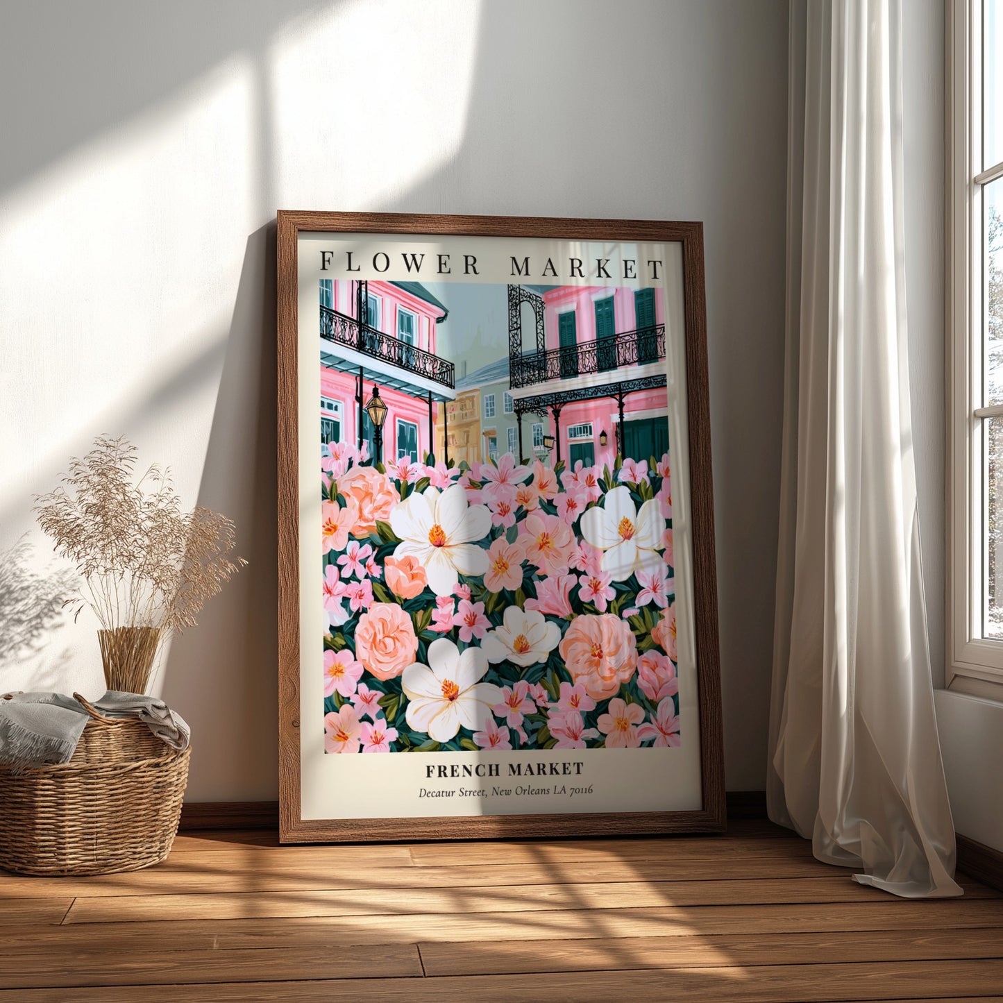 Floral wall decor featuring magnolias and pink flowers in a vibrant style inspired by the French Market