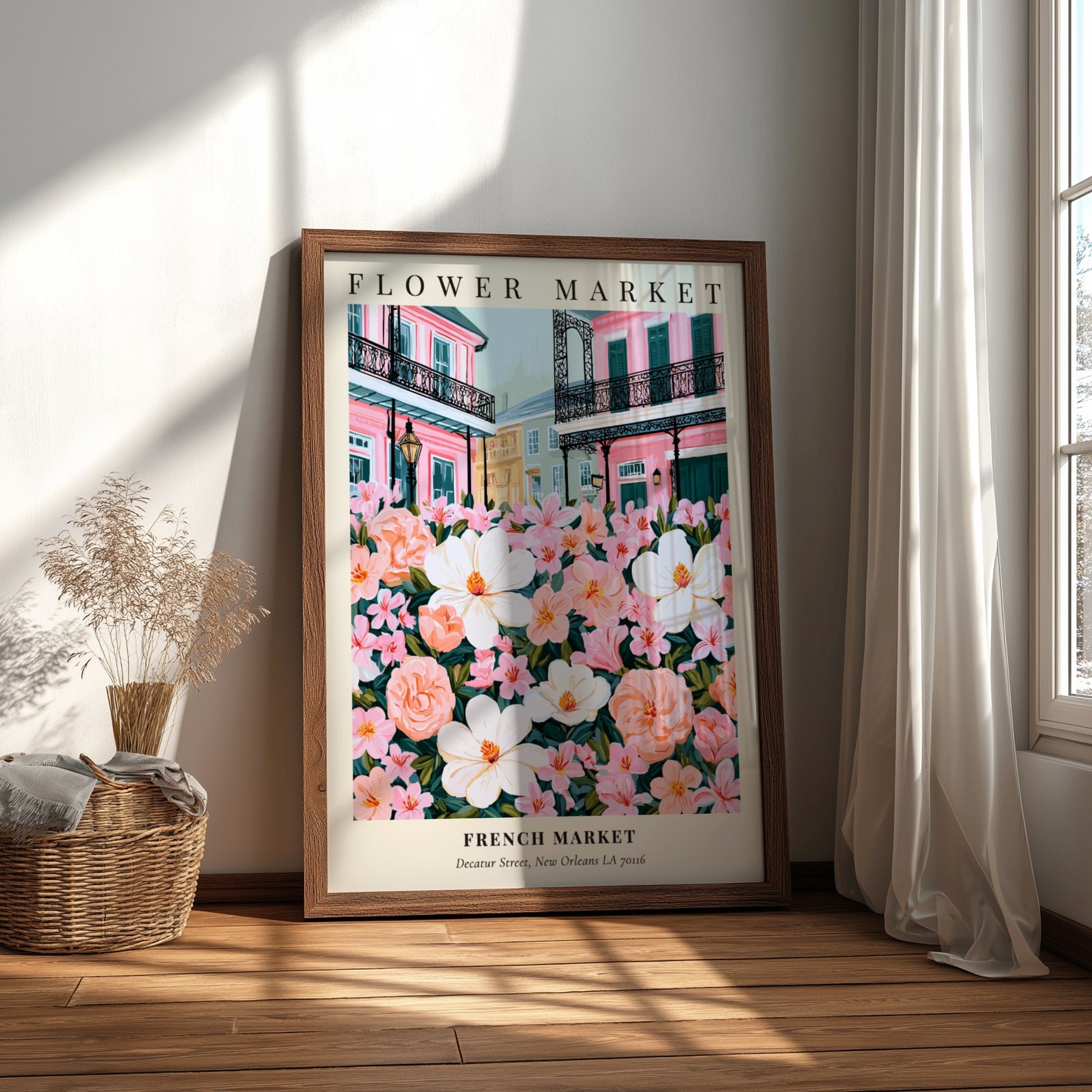 Floral wall decor featuring magnolias and pink flowers in a vibrant style inspired by the French Market