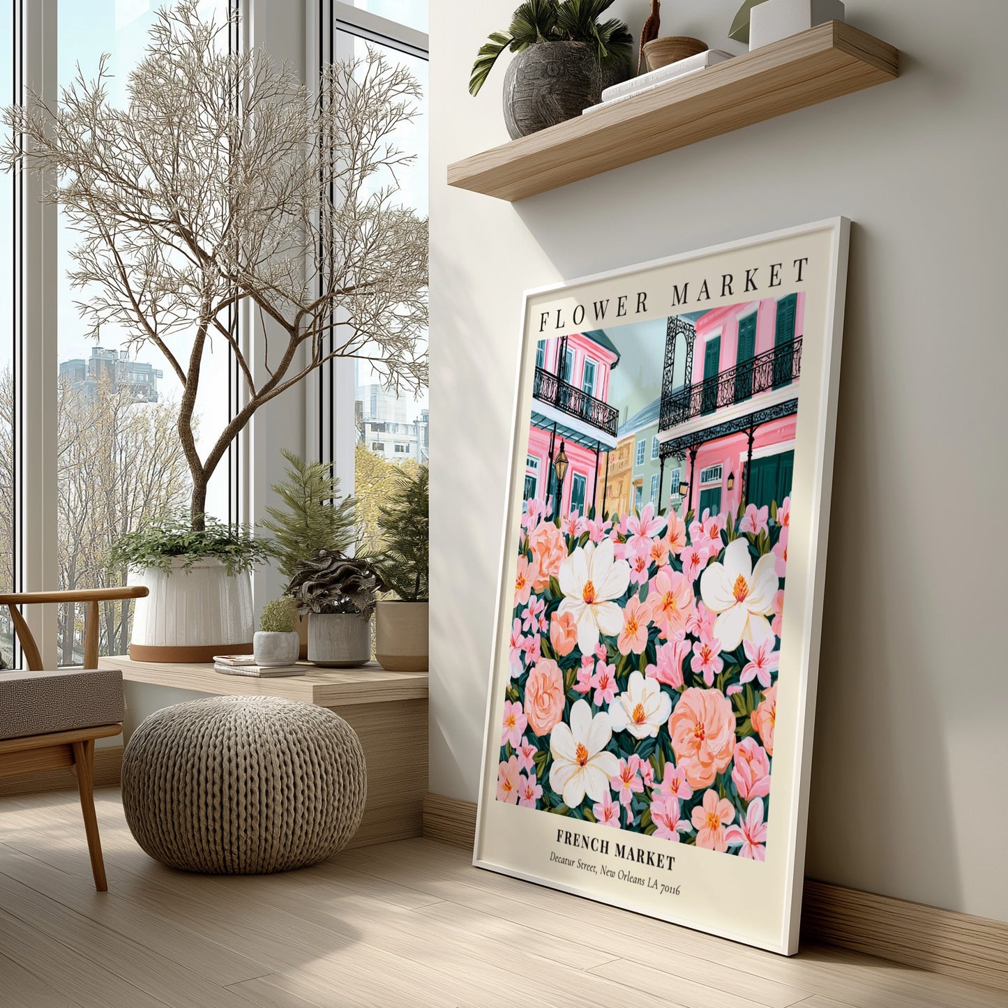 Floral wall decor featuring magnolias and pink flowers in a vibrant style inspired by the French Market