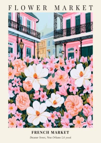 Floral wall decor featuring magnolias and pink flowers in a vibrant style inspired by the French Market