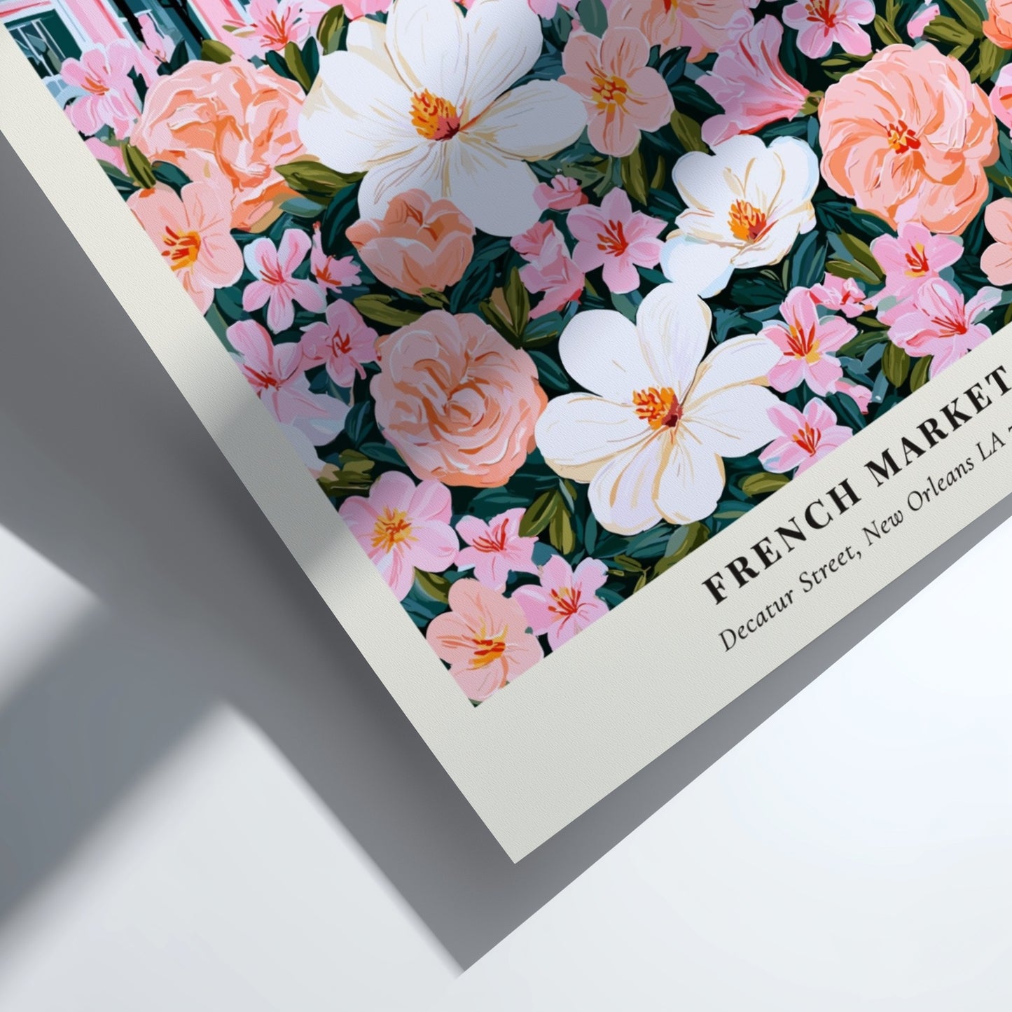 Floral wall decor featuring magnolias and pink flowers in a vibrant style inspired by the French Market