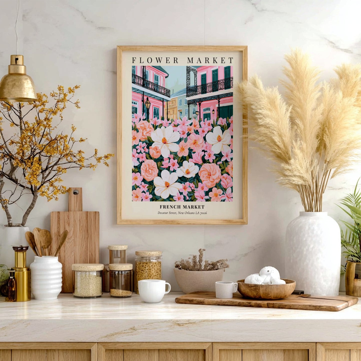 Floral wall decor featuring magnolias and pink flowers in a vibrant style inspired by the French Market