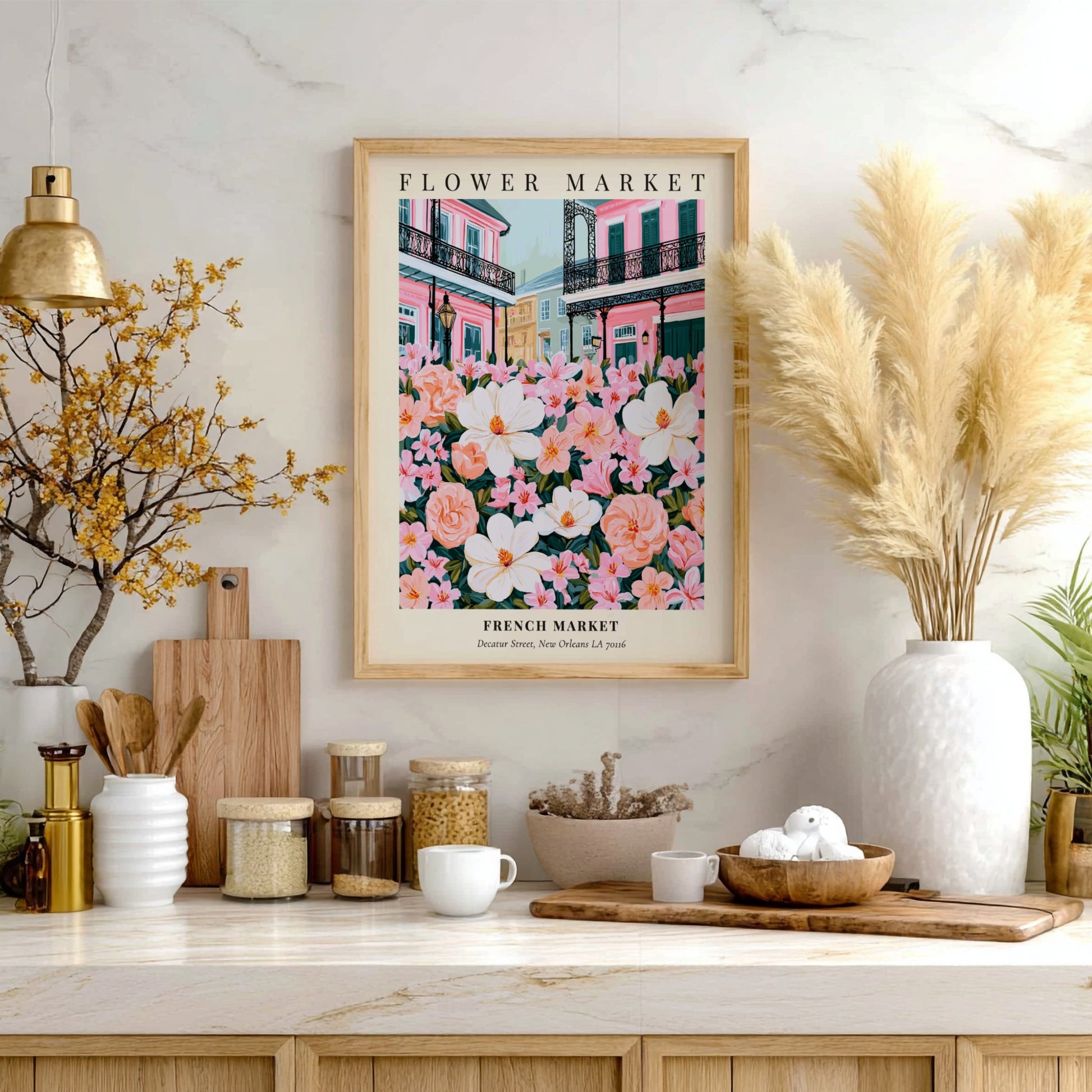 Floral wall decor featuring magnolias and pink flowers in a vibrant style inspired by the French Market