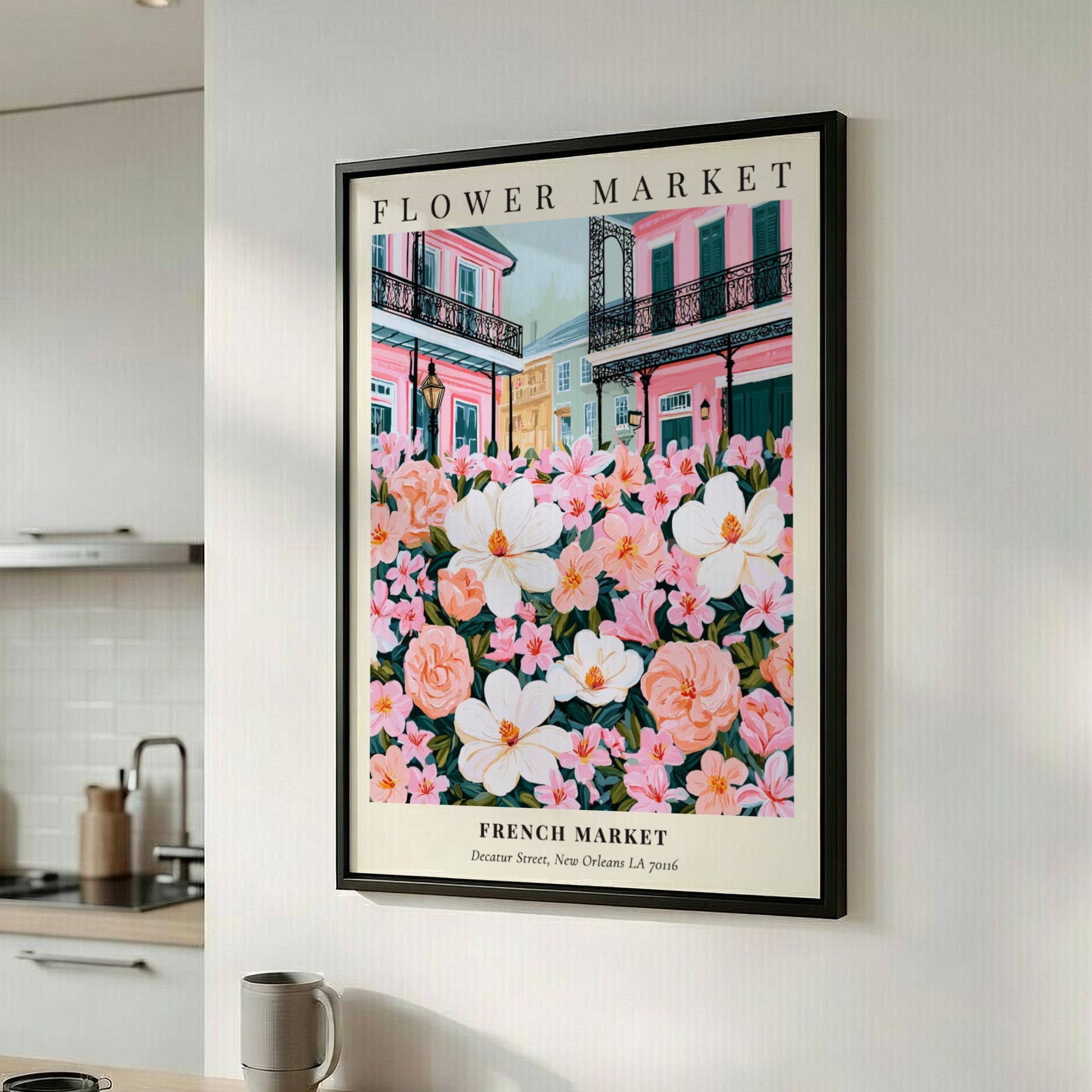 Floral wall decor featuring magnolias and pink flowers in a vibrant style inspired by the French Market