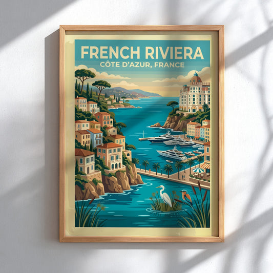 Travel poster of the French Riviera with coastal villas, yachts, and local birds.
