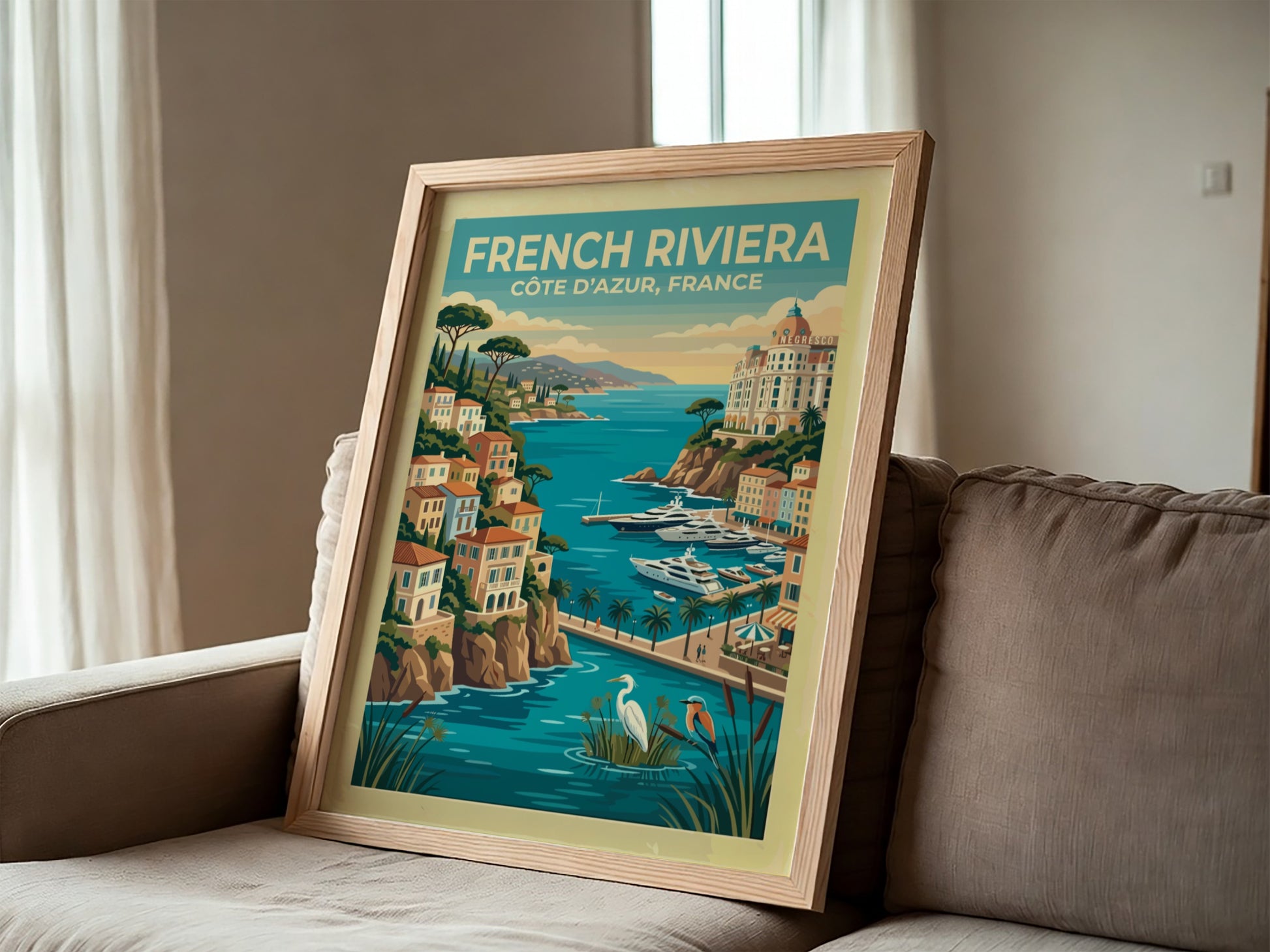 Travel poster of the French Riviera with coastal villas, yachts, and local birds.