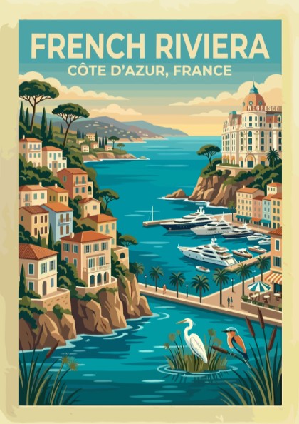 Travel poster of the French Riviera with coastal villas, yachts, and local birds.