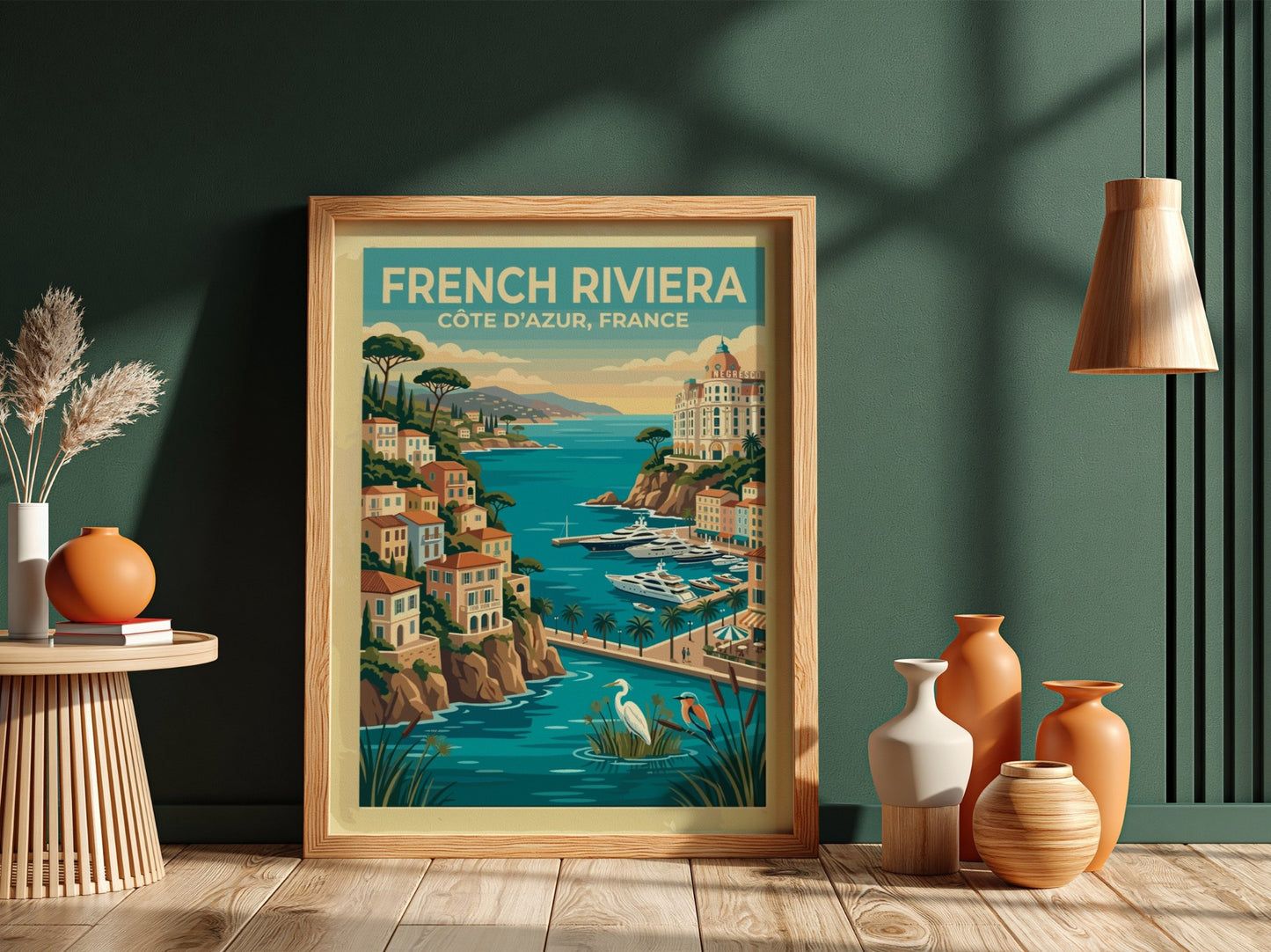 Travel poster of the French Riviera with coastal villas, yachts, and local birds.
