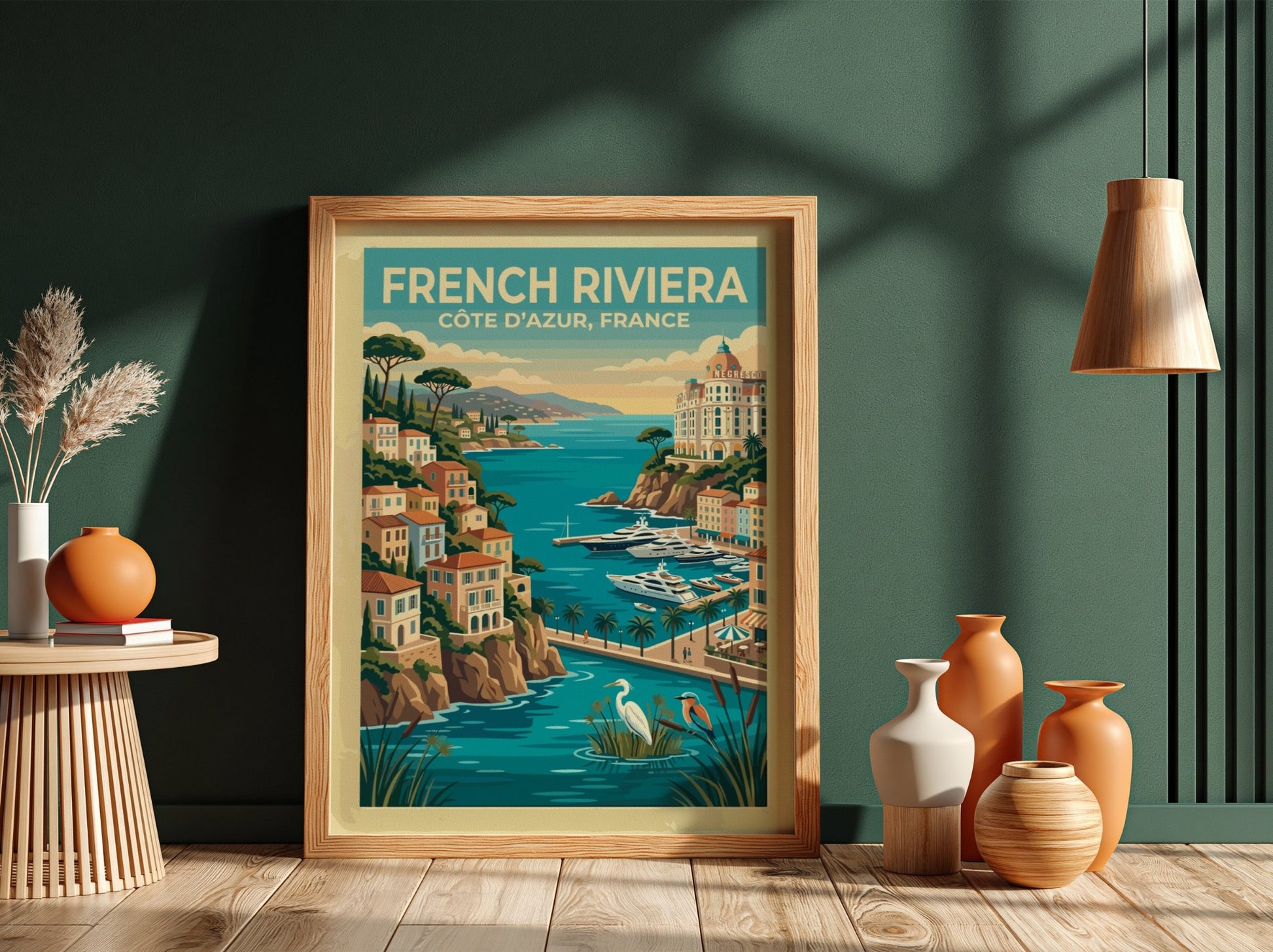 Travel poster of the French Riviera with coastal villas, yachts, and local birds.