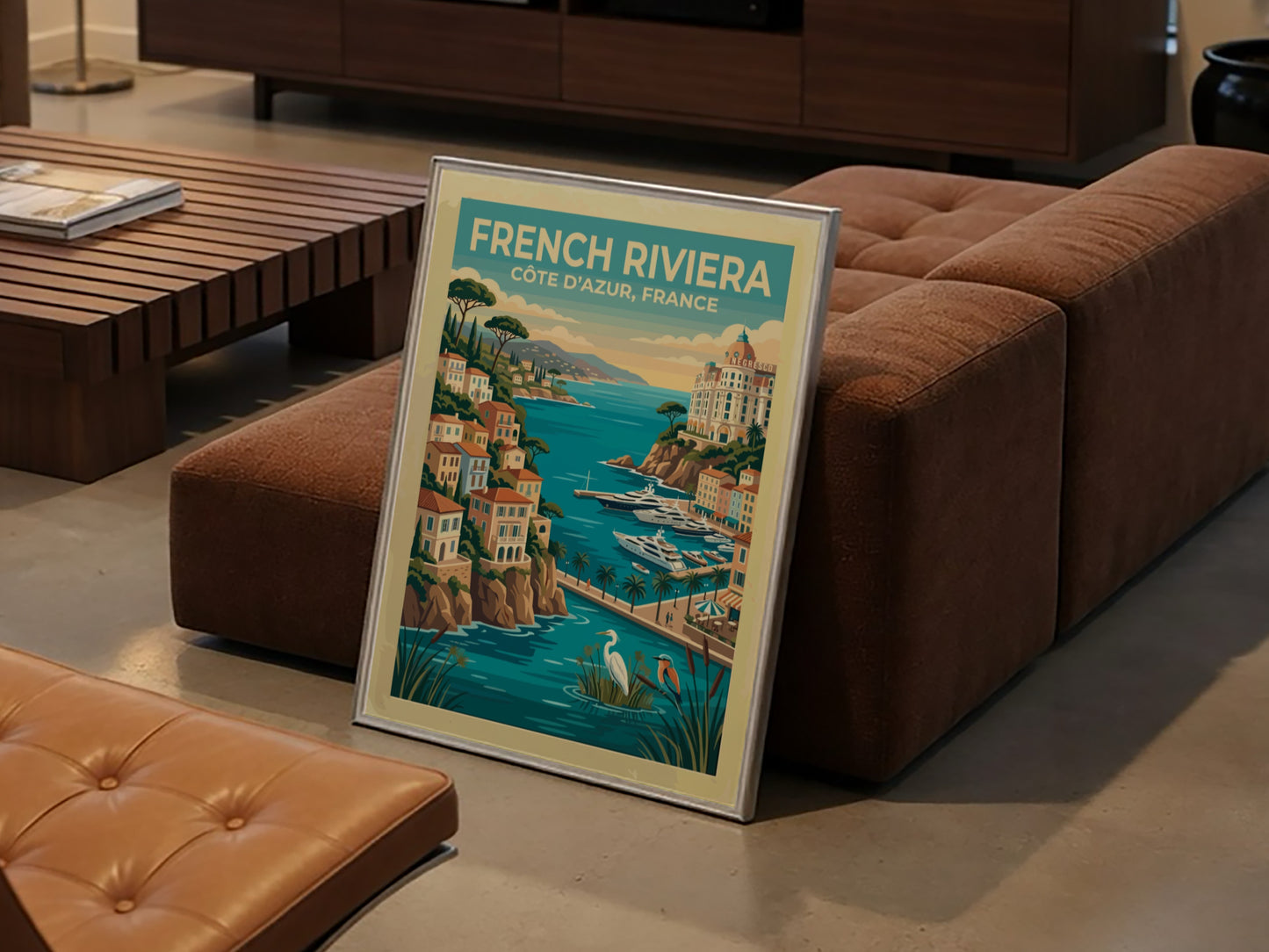 Travel poster of the French Riviera with coastal villas, yachts, and local birds.