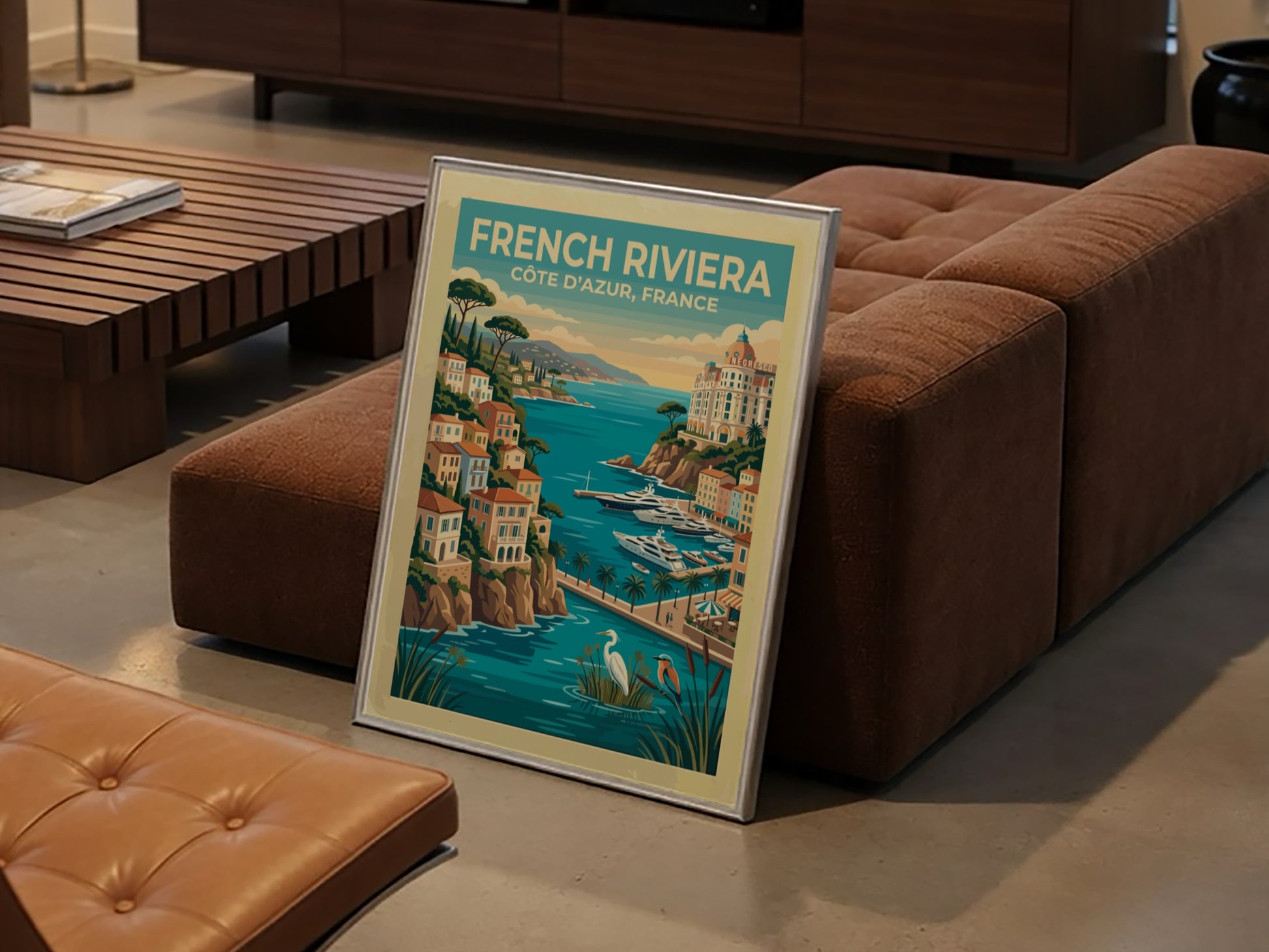 Travel poster of the French Riviera with coastal villas, yachts, and local birds.
