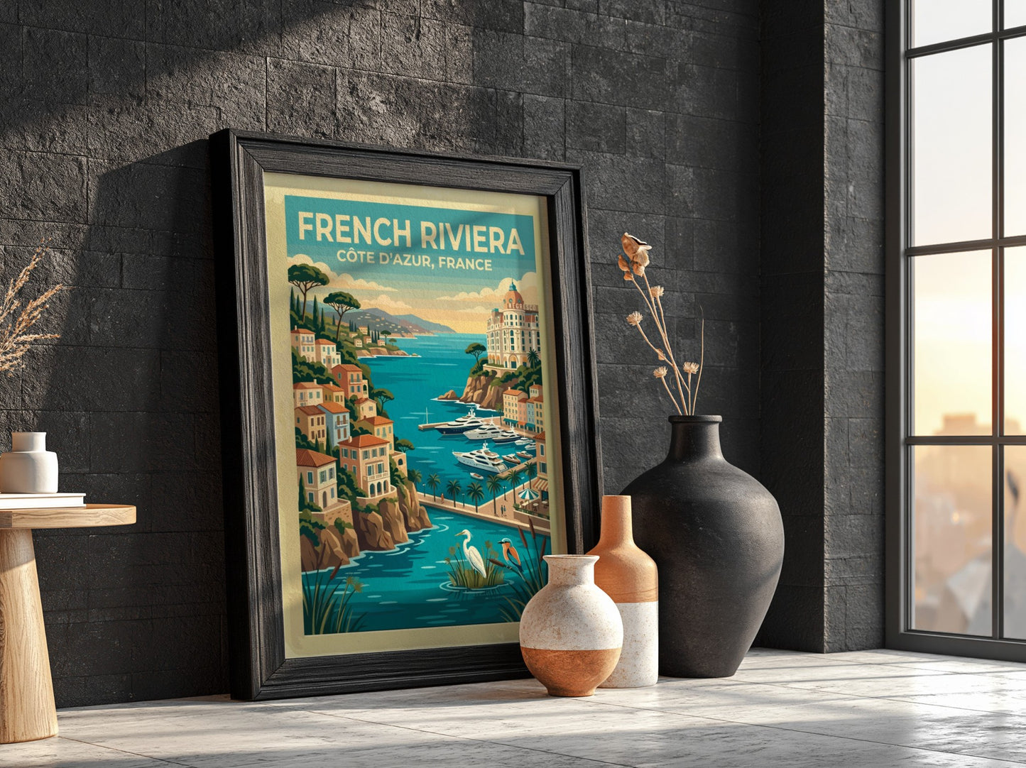 Travel poster of the French Riviera with coastal villas, yachts, and local birds.