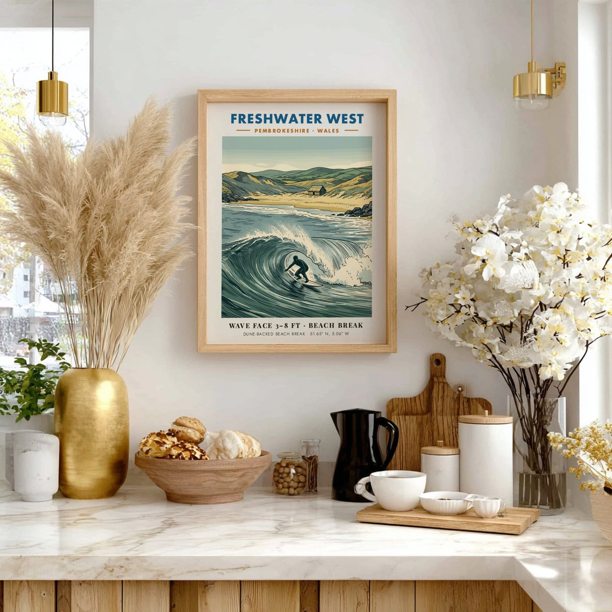 Surf poster showing a surfer riding a wave at Freshwater West in Pembrokeshire Wales.