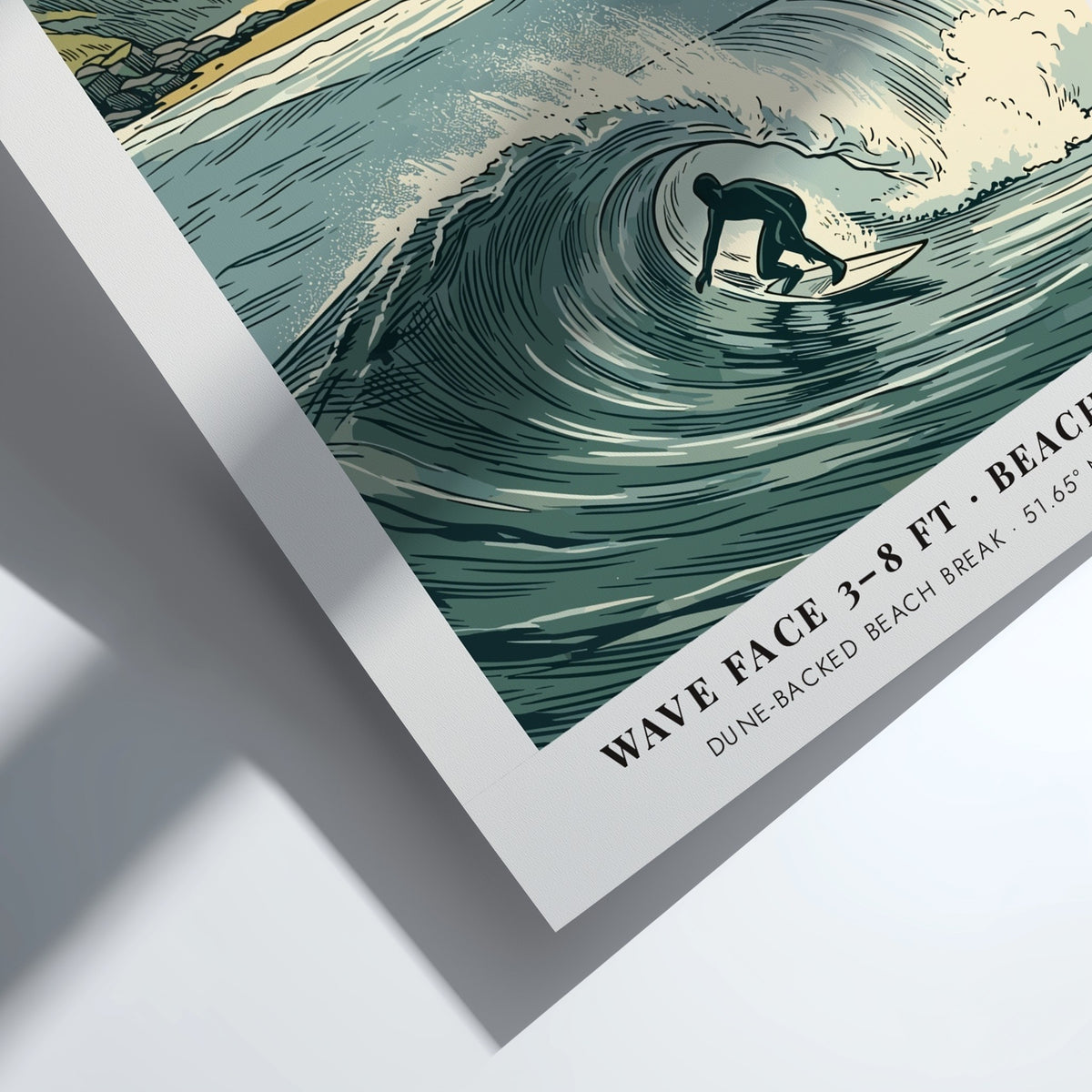 Surf poster showing a surfer riding a wave at Freshwater West in Pembrokeshire Wales.