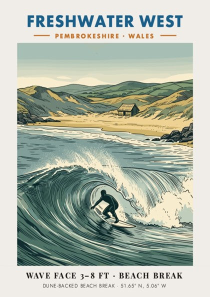 Surf poster showing a surfer riding a wave at Freshwater West in Pembrokeshire Wales.
