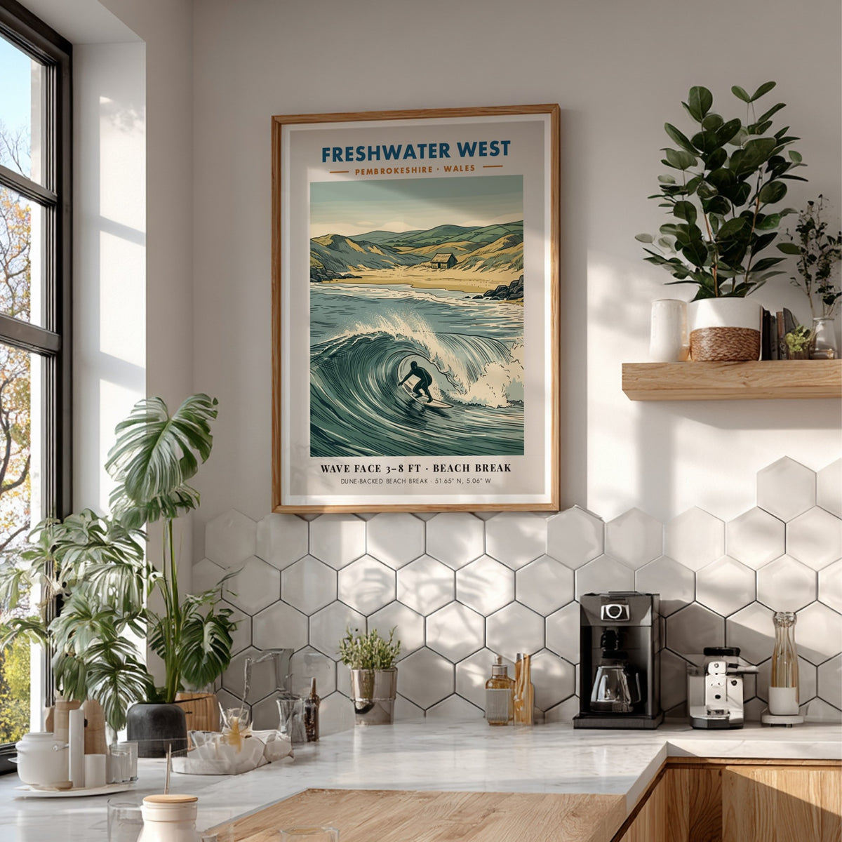 Surf poster showing a surfer riding a wave at Freshwater West in Pembrokeshire Wales.