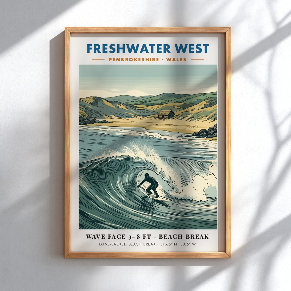 Surf poster showing a surfer riding a wave at Freshwater West in Pembrokeshire Wales.