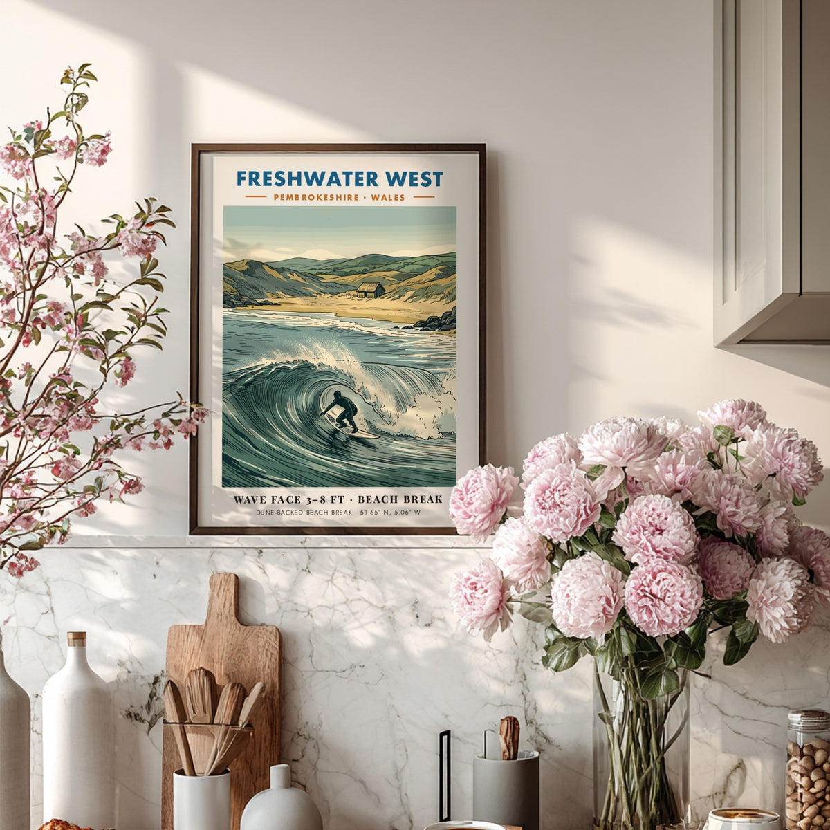 Surf poster showing a surfer riding a wave at Freshwater West in Pembrokeshire Wales.