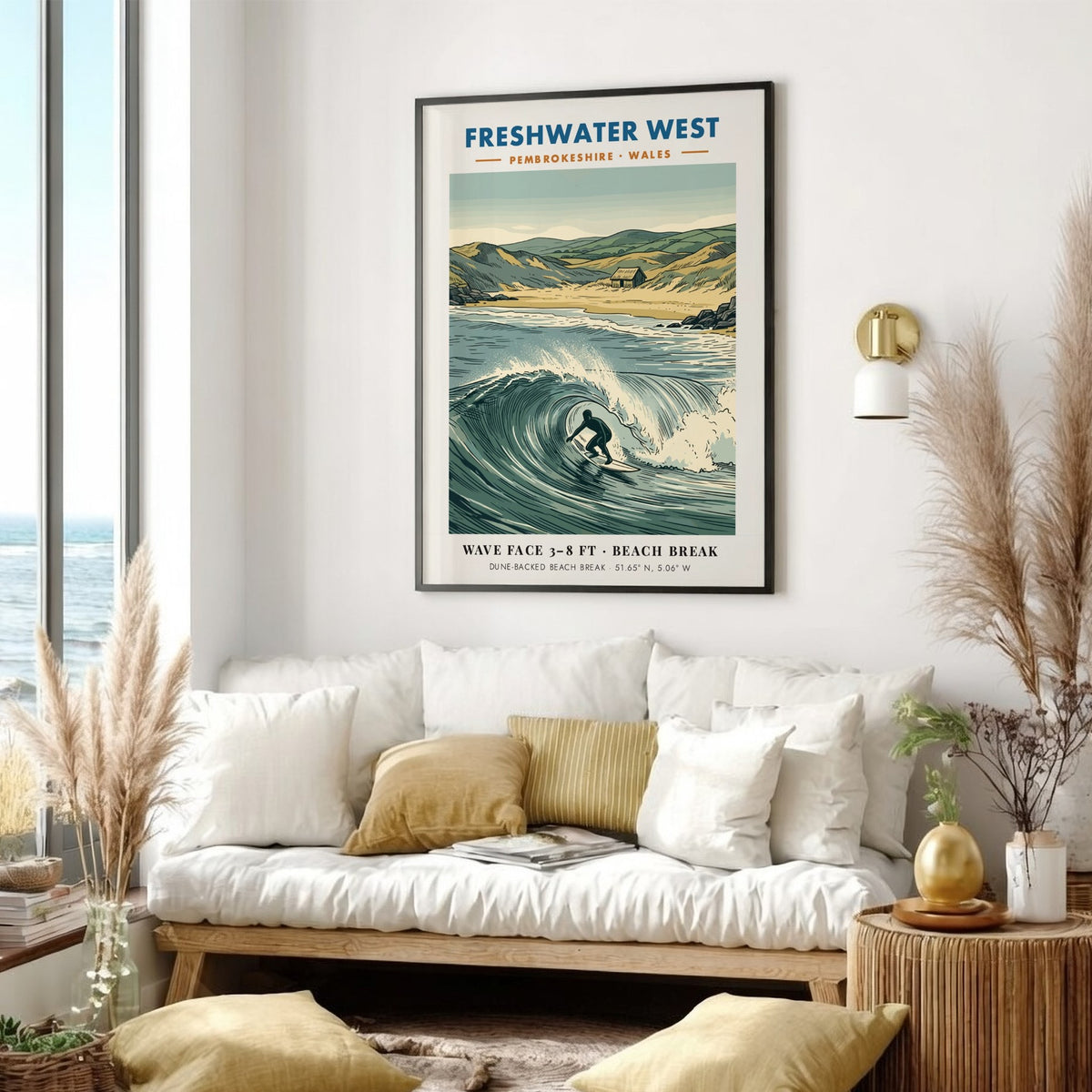Surf poster showing a surfer riding a wave at Freshwater West in Pembrokeshire Wales.